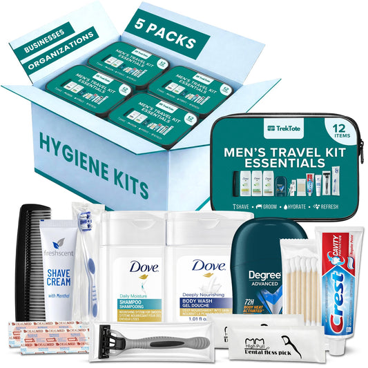 TrekTote Bulk Men’s Travel Hygiene Kits Case Pack of 12 Piece Kits TSA Approved Travel Size Toiletry Kits with Toothbrush Toothpaste Deodorant Razor for Outreach Emergency Use