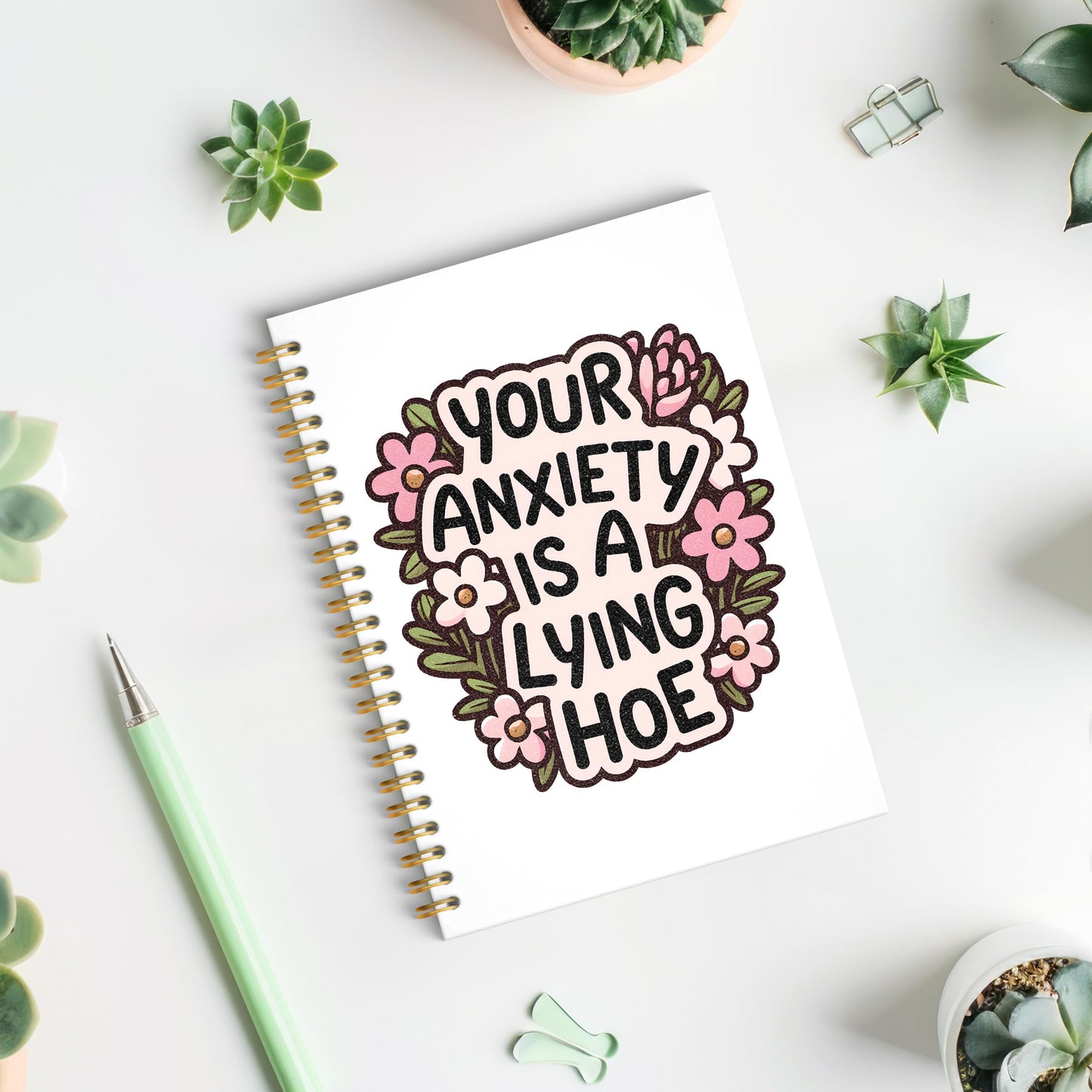 ROXMART Floral Mental Health Glitter Spiral Notebook, Anxiety Journal for women, Anti Anxiety Mental Health Gifts, Funny Psychology Positive Hardcover Notebook Journal, 5.5x8.3 Inch