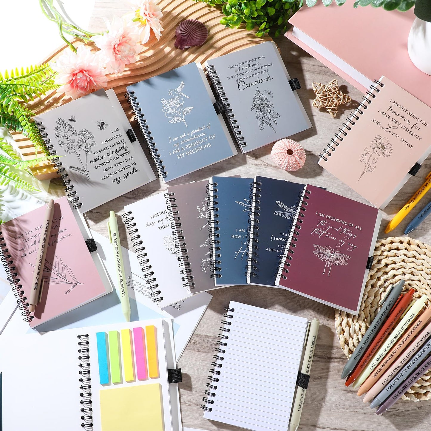 Kosiz 24 Pcs/12 Set Positive Affirmation Gifts for Women Bulk Gratitude Spiral Notebook Journals with Pens Self Care Mental Health Gifts Employee Coworker Teacher Nurse Volunteer Mothers Day (Simple)