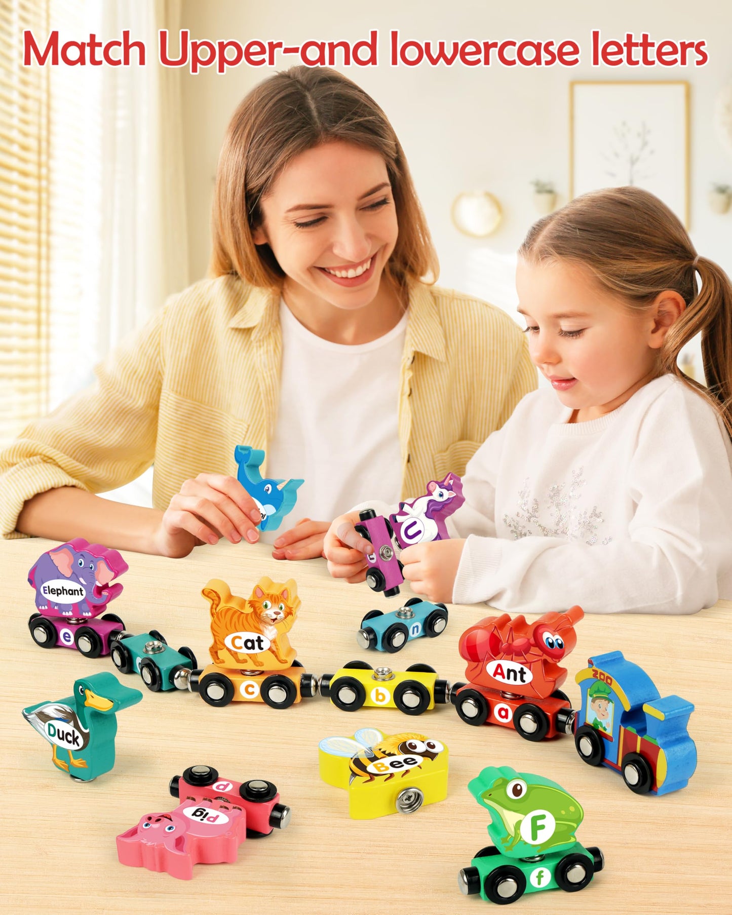 Helsort Wooden Alphabet Train Set for Toddlers – Magnetic ABC Train with Snap-Connection, Animal-Themed Educational Preschool Toy for Kids Ages 3-5, Montessori STEM Learning Gift for Boys and Girls