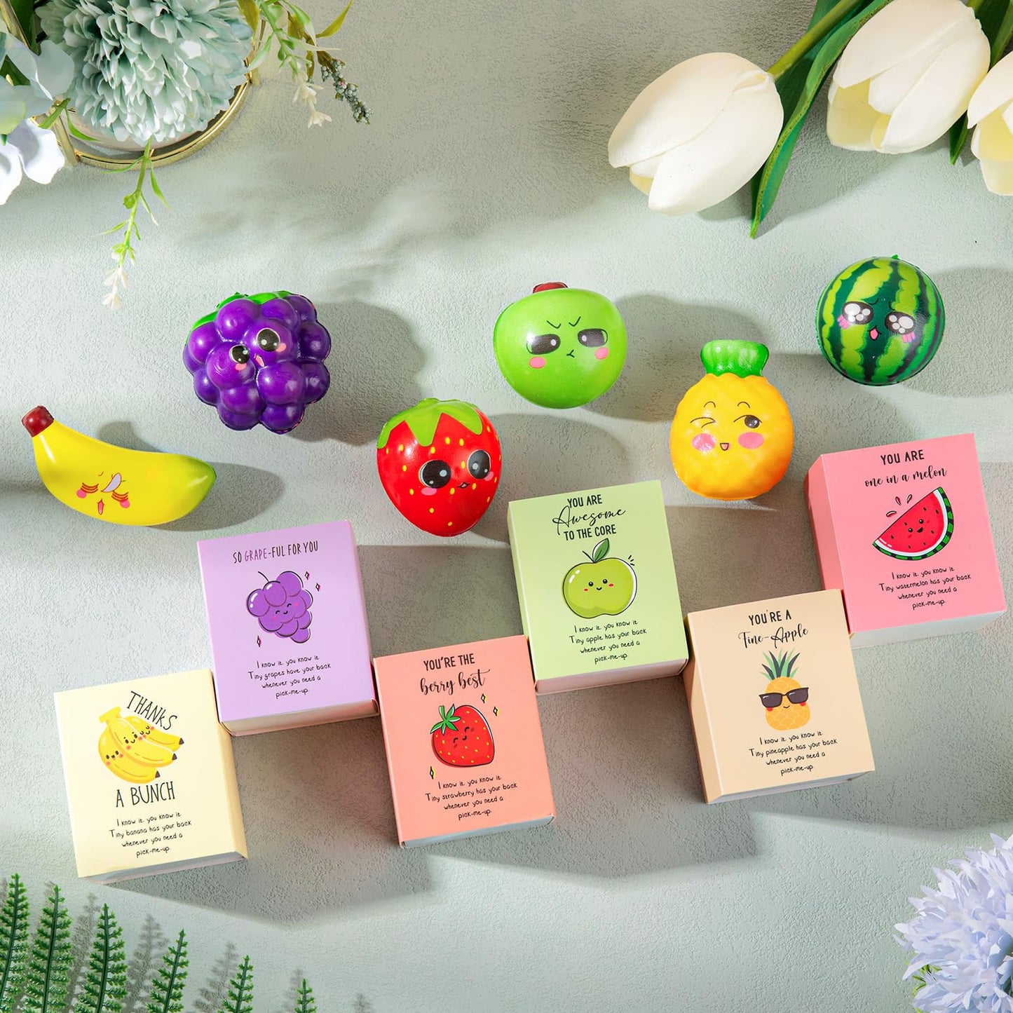 JellyArch Funny Dancing Fruit Inspirational Gifts for Employee Cute Positive Work Stress Relief Gifts for Coworker Fruit Stress Balls with Affirmation Motivational Pun Box for Staff Student(24 Sets)