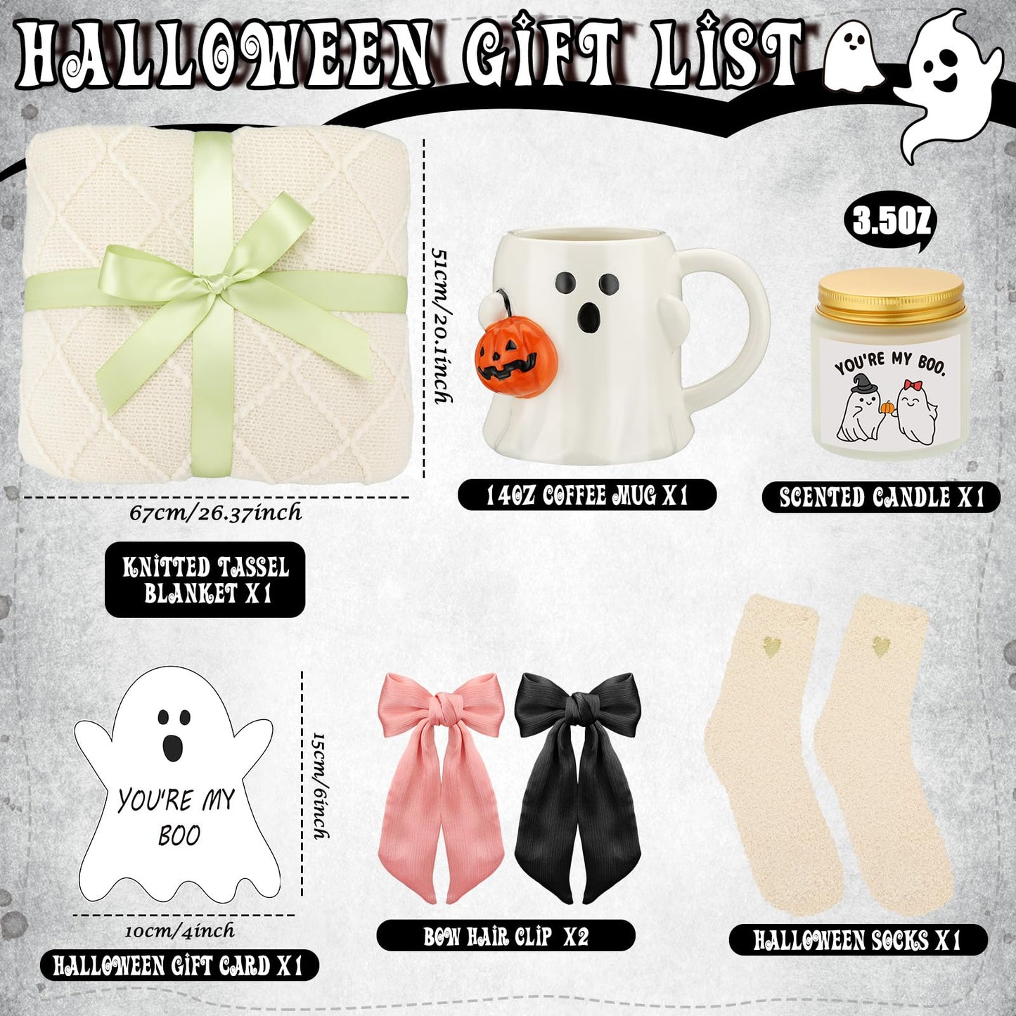 Mimorou Halloween Boo Basket Gifts for Adults Women Halloween Basket Stuffer with Ghost Mug Knitted Tassel Blanket Boo Scented Candle Gifts for Friends Women Family