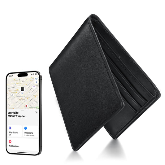 Wallet with Tracker for Men, Works with Apple Find My APP (iOS Only), Air Tag Wallet, Mens Smart Wallets with GPS Tracker,Bifold Leather RFID Blocking, Rechargeable Battery, Gift for Him, Black