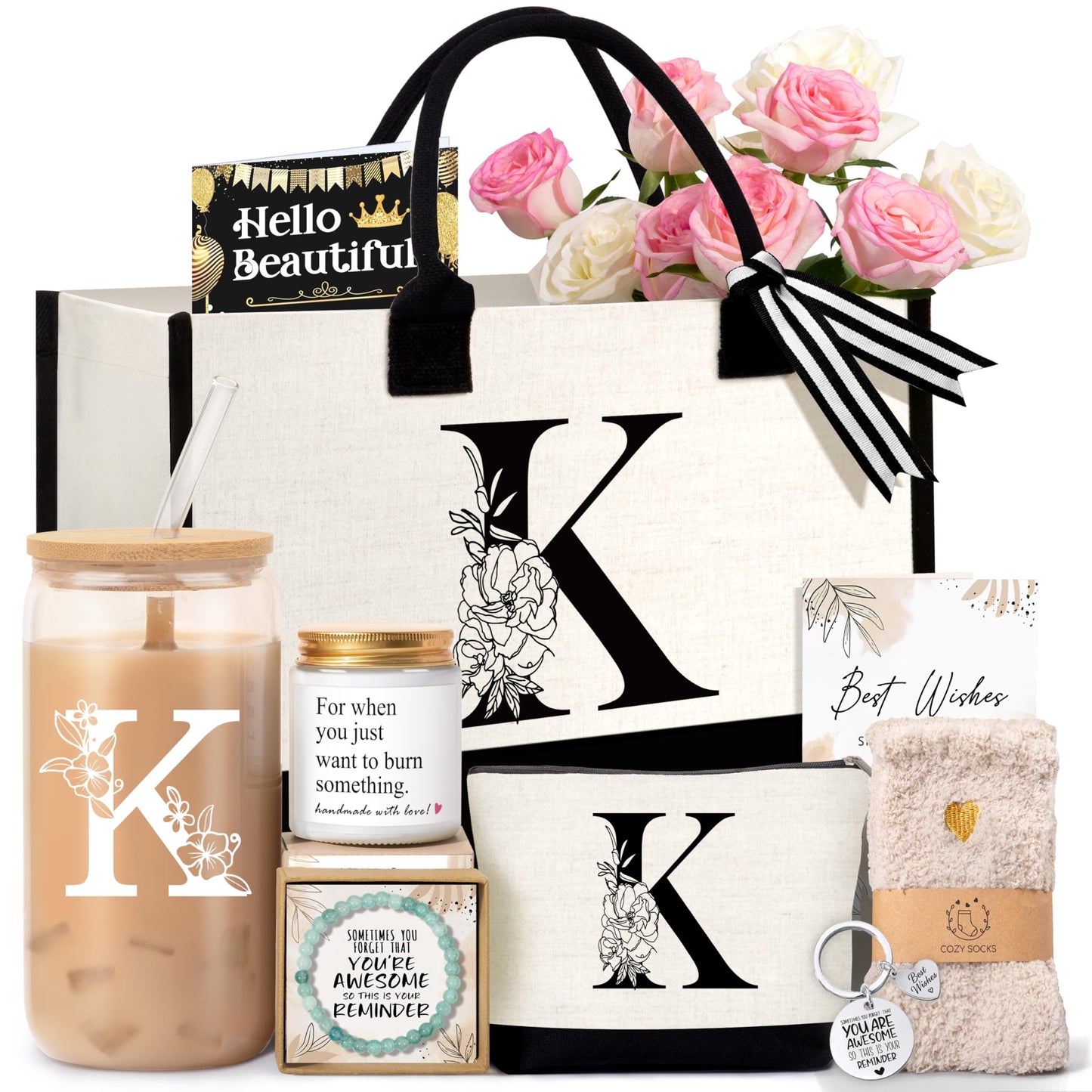 Lepiche Birthday Gifts for Women, Monogrammed Initial Gift for Teacher Wife Mom, Tote Bag,Glass Cup Gift Basket Personalized Christmas Mother's Teacher Appreciation Day,K