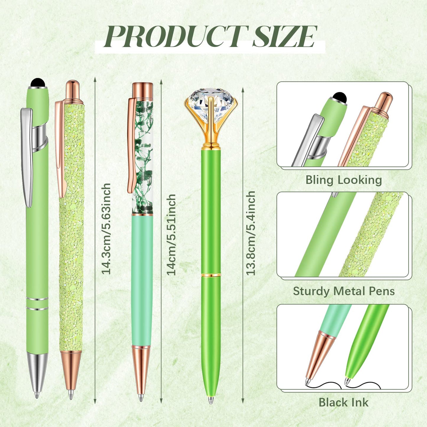 Sabary 8 Pcs Green Pens with Pen Holder for Desk Glitter Crystal Diamond Cute Ballpoint Fancy Pencil Holder Bling Desk Organizer for Women Girls School Office Supplies Wedding Graduation Gifts