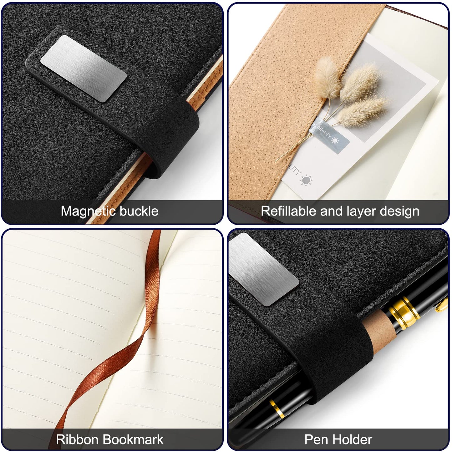 A5 Lined Leather Notebook and Pen Set with Gift Box, 240 Pages Refillable Journal with Pocket and Magnetic Buckle, Hardcover Daily Diary for Men and Women Business Travel Personal Writing- Black