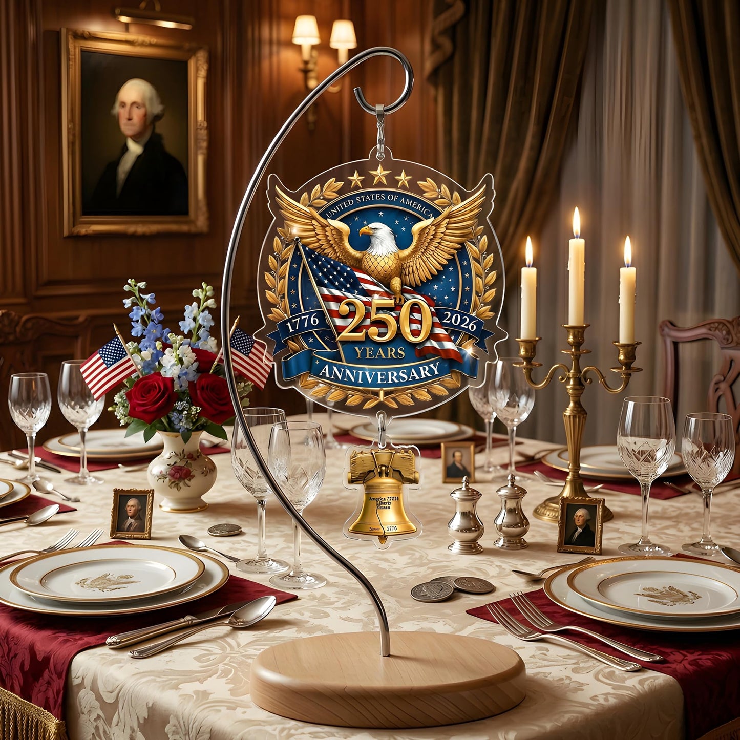 USA 250th Anniversary Tabletop Decor with Wooden Stand, American Patriotic Home Decor, Liberty Bell Ornament, 250 Anniversary USA Merchandise, Independence Day Desk Decoration, Gift for US Citizens