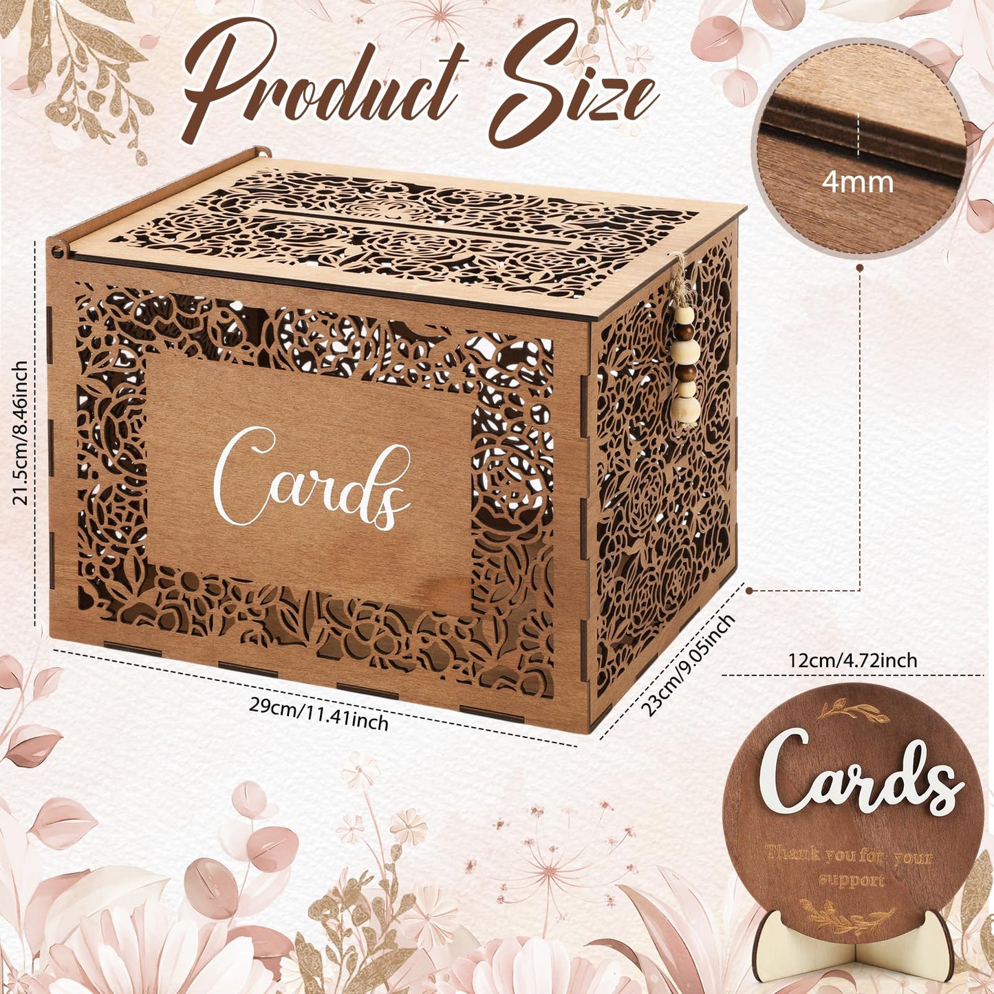 Ferrochef Wedding Card Box with Sign Boho Rustic Wood Gift Card Box Vintage Money Cards Holder for Wedding Baby Shower Graduation(Flower,Brown,11.4 x 9 x 8.5 Inches)