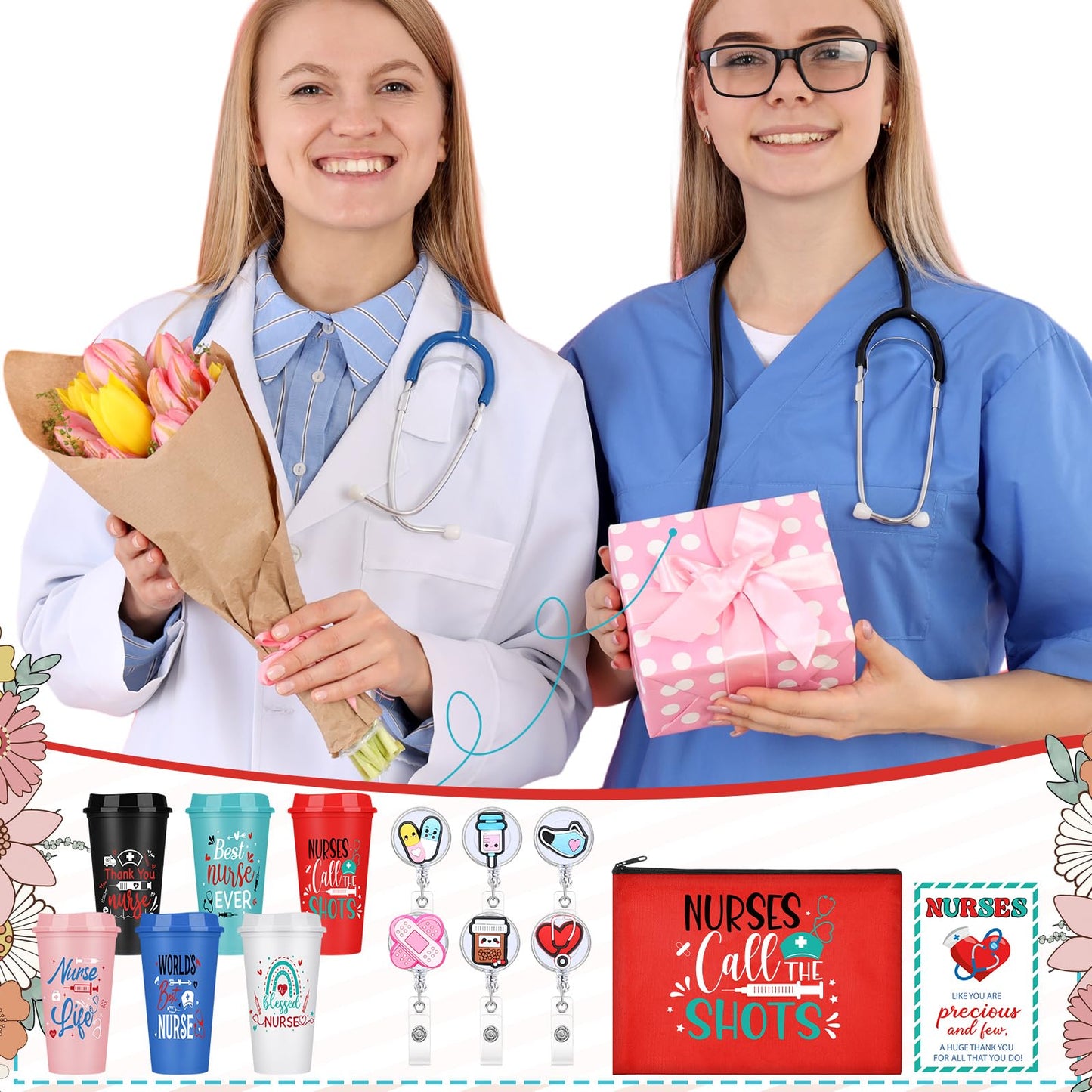 Skylety 24 Pcs Nurse Appreciation Gifts Bulk Christmas Nurse Gift Set for Women with 6 Coffee Cups 6 Badge Reels Clips 6 Makeup Bag 6 Greeting Cards for Lpn Rn Practitioner Gifts Bulk