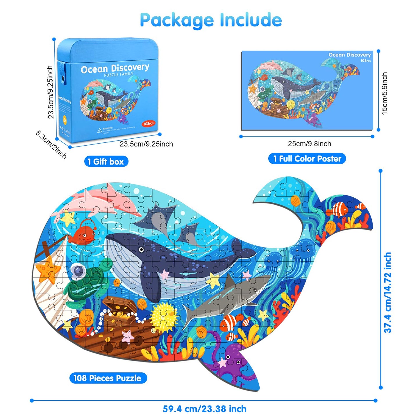 Jigsaw Puzzles for Kids Ages 4-8, 108 Pieces Whale Shaped Cardboard Puzzles for Animal Lovers, Sturdy Floor Puzzles Box and Poster, Educational Toys Gift for Boys Girls, 23.38 x 14.72 Inch