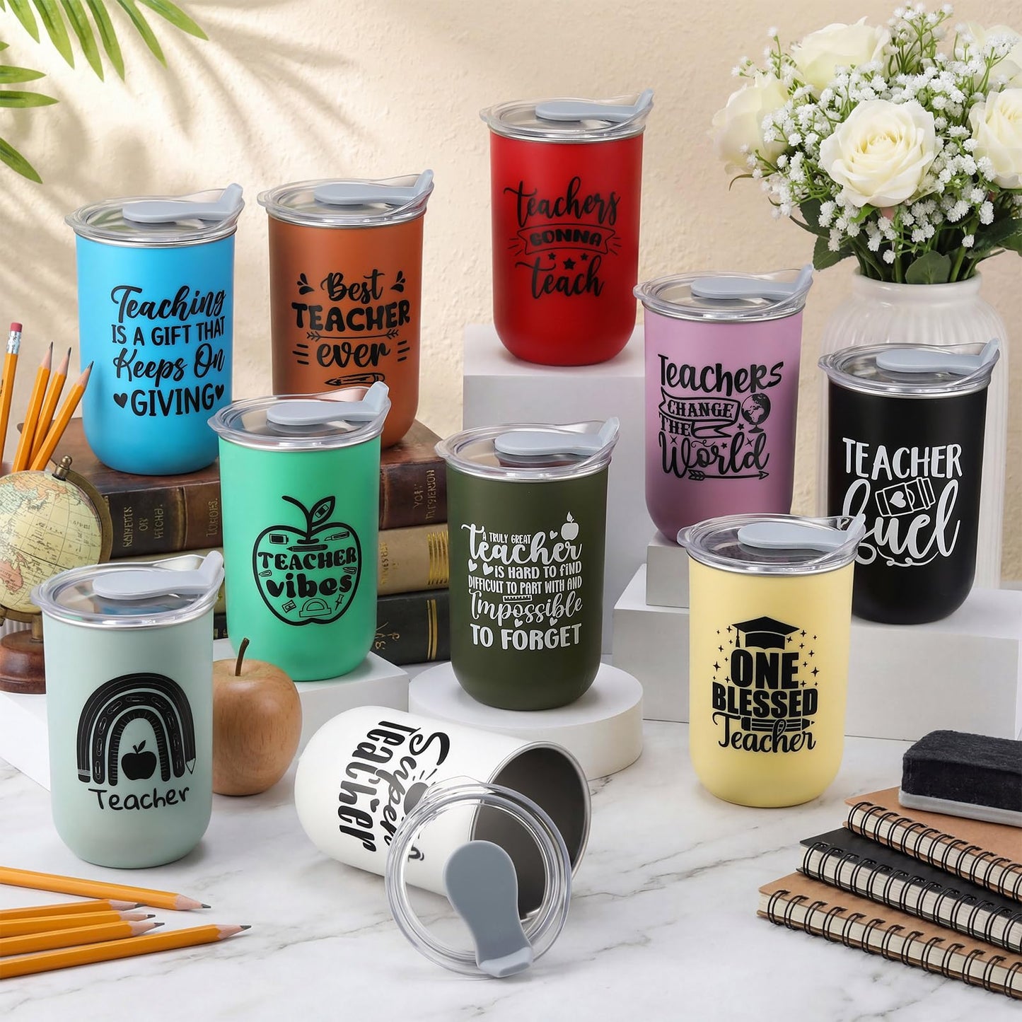 LemonRoad 10 Pcs Teacher Appreciation Gifts Coffee Mugs Bulk 10 oz Teachers Stainless Steel Tumblers Thank You Cups with Lids for Women Men End of The Year Gifts (Super Teacher,Morandi Color)