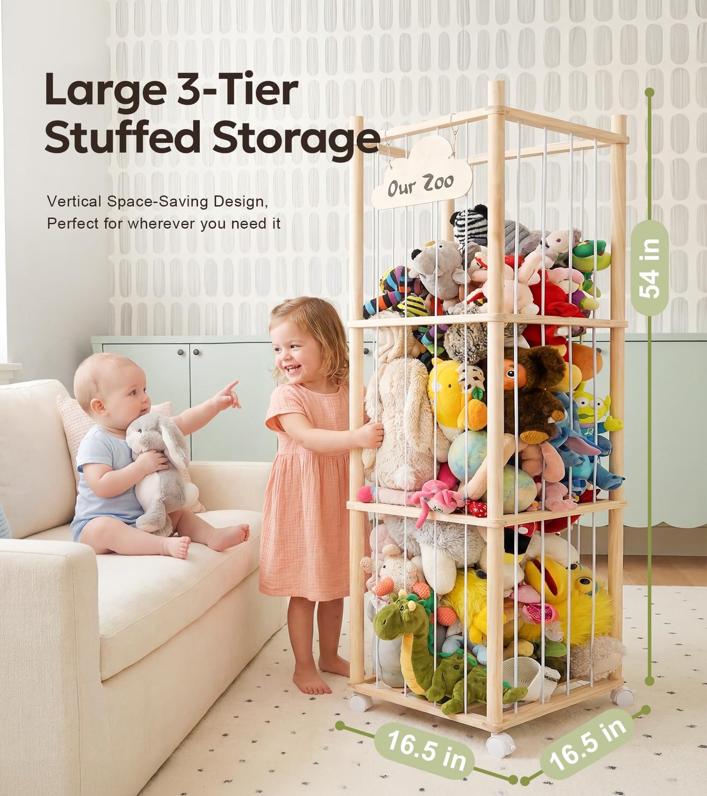 Mallify Stuffed Animal Storage, 54 Inch Wooden Stuffed Animal Zoo with Brake Wheels, Large Capacity Plush Toy Organizer for Nursery Playroom Bedroom