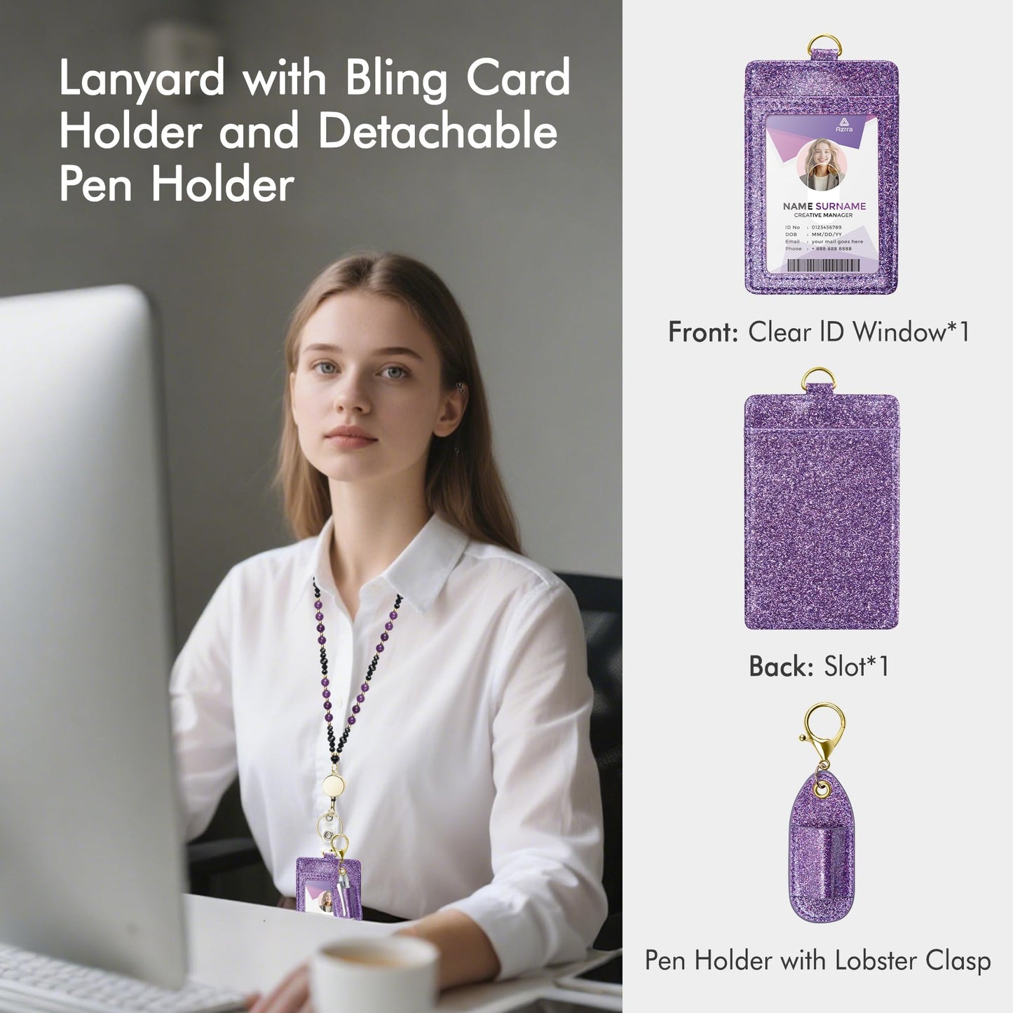 Azrra Lanyards for ID Badges and Keys, Natural Stone Beaded Teacher Lanyard with Bling ID Badge Holder and Pen Holder, Cute Retractable Badge Lanyard for Women (Purple)