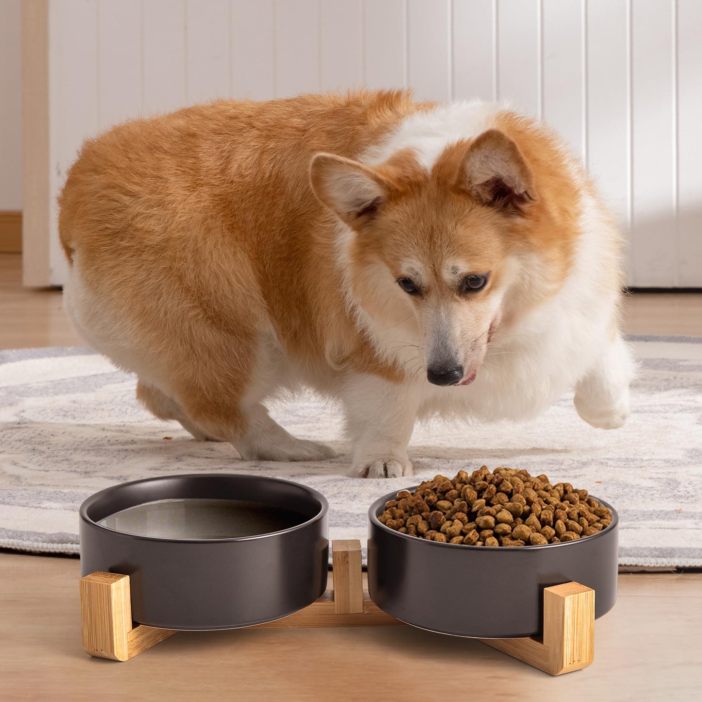 Mowtanco Black Ceramic Dog & Cat Bowl Set – 13.5 OZ with Wooden Stand, Non-Slip, Elevated Design for Small Dogs & Cats – 2 Bowls (Food & Water, Ceramic Pet Bowls, Modern Dog Bowls)