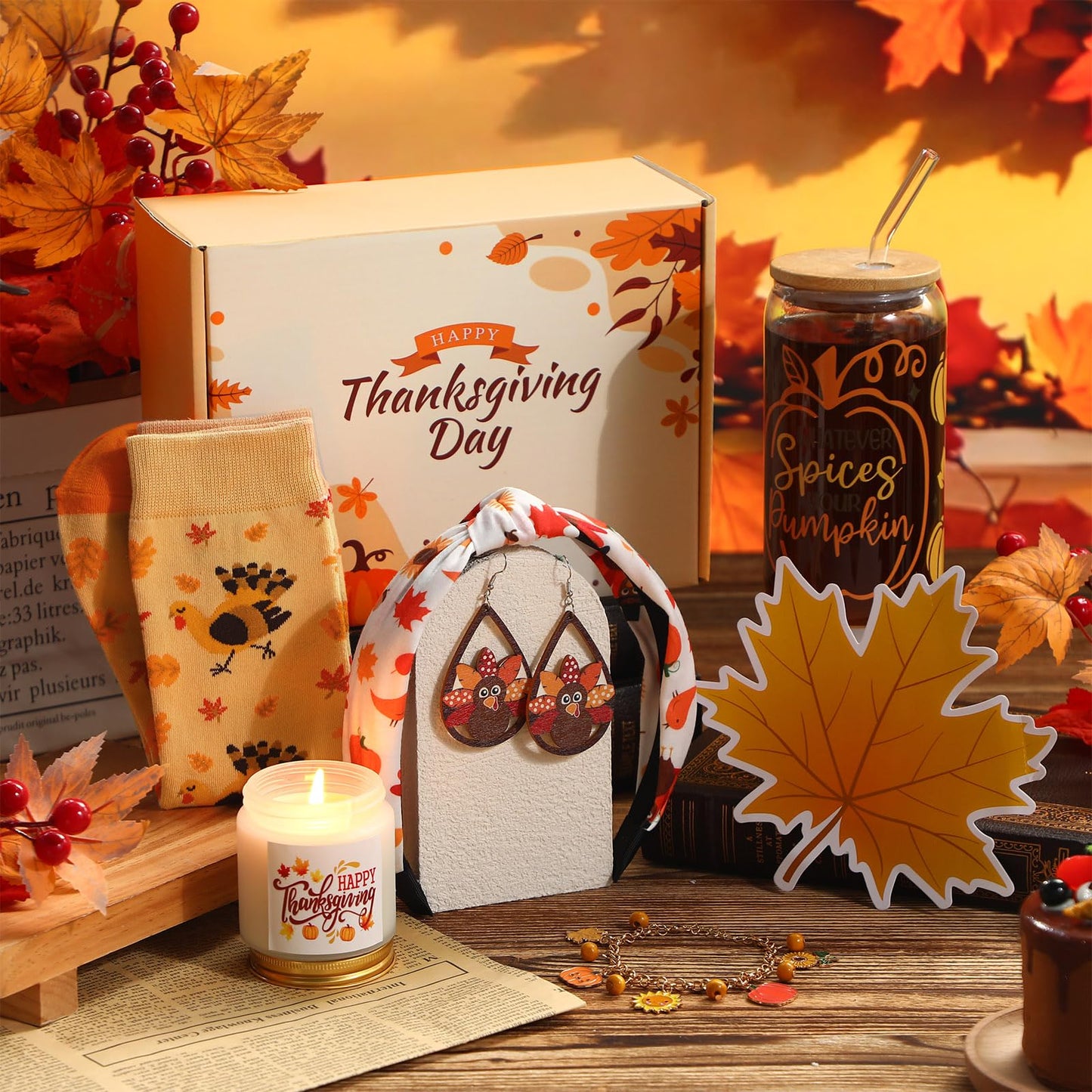 Daifunli 8 Pcs Thanksgiving Day Gifts Set for Women Happy Maple Leaf Gift Basket Includes 17oz Coffee Glass with Lid Straw Scented Candle Bracelet Hairband Socks Earrings Card Box