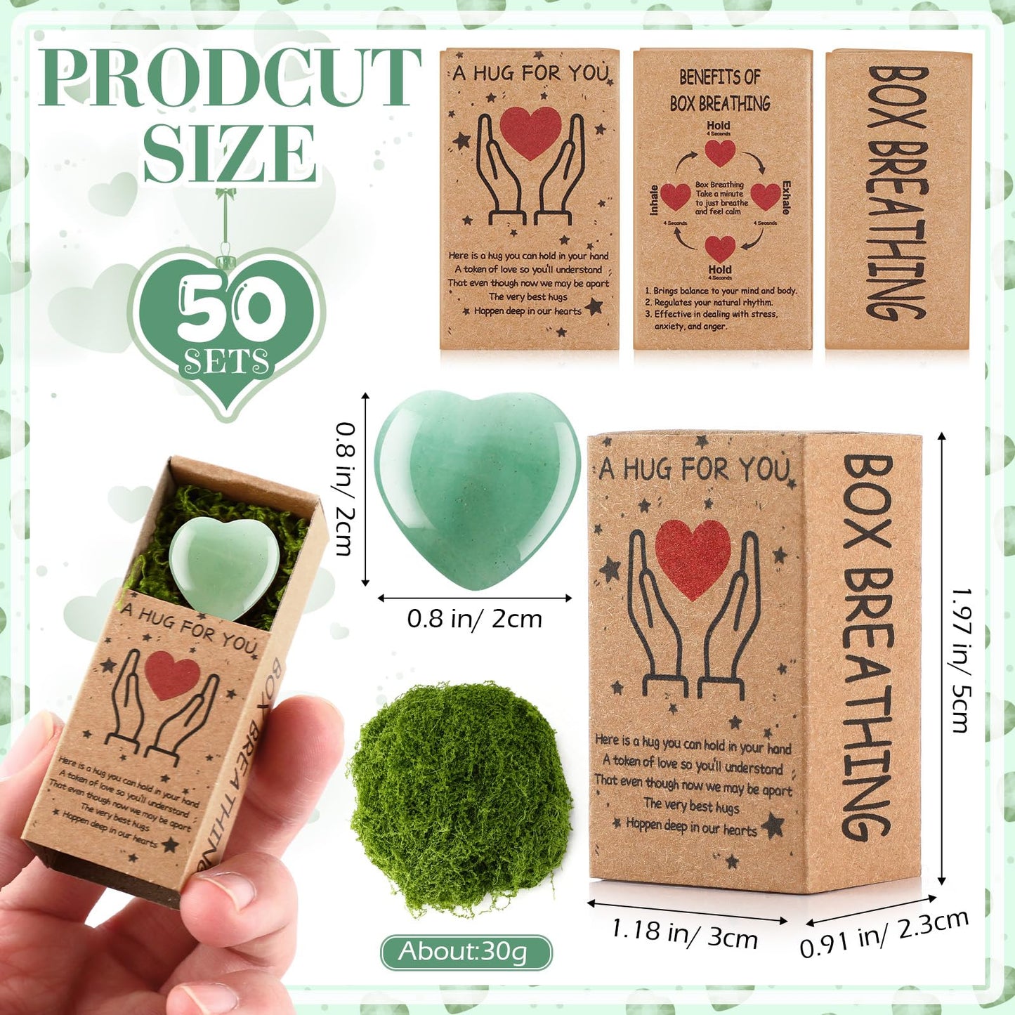 Landical 50 Sets Mother's Day Pocket Hug Token Gifts Bulk Little Heart Rocks Small Crystal Heart Stones Bulk with Boxes for Birthday Party Colleagues Family Celebration of Life Gifts (Green)