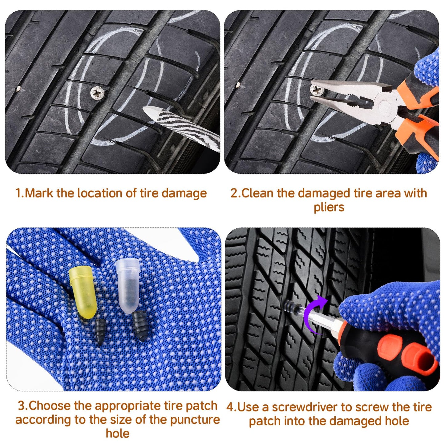CalamariKey 100PCS tire Screw Plug Repair kit – No Tire Removal Needed, tire sidewall Repair kit, Patch Plug Tools & Portable Storage Bag – Quick Flat Tire Fix for Car, Truck, Motorcycle & SUV