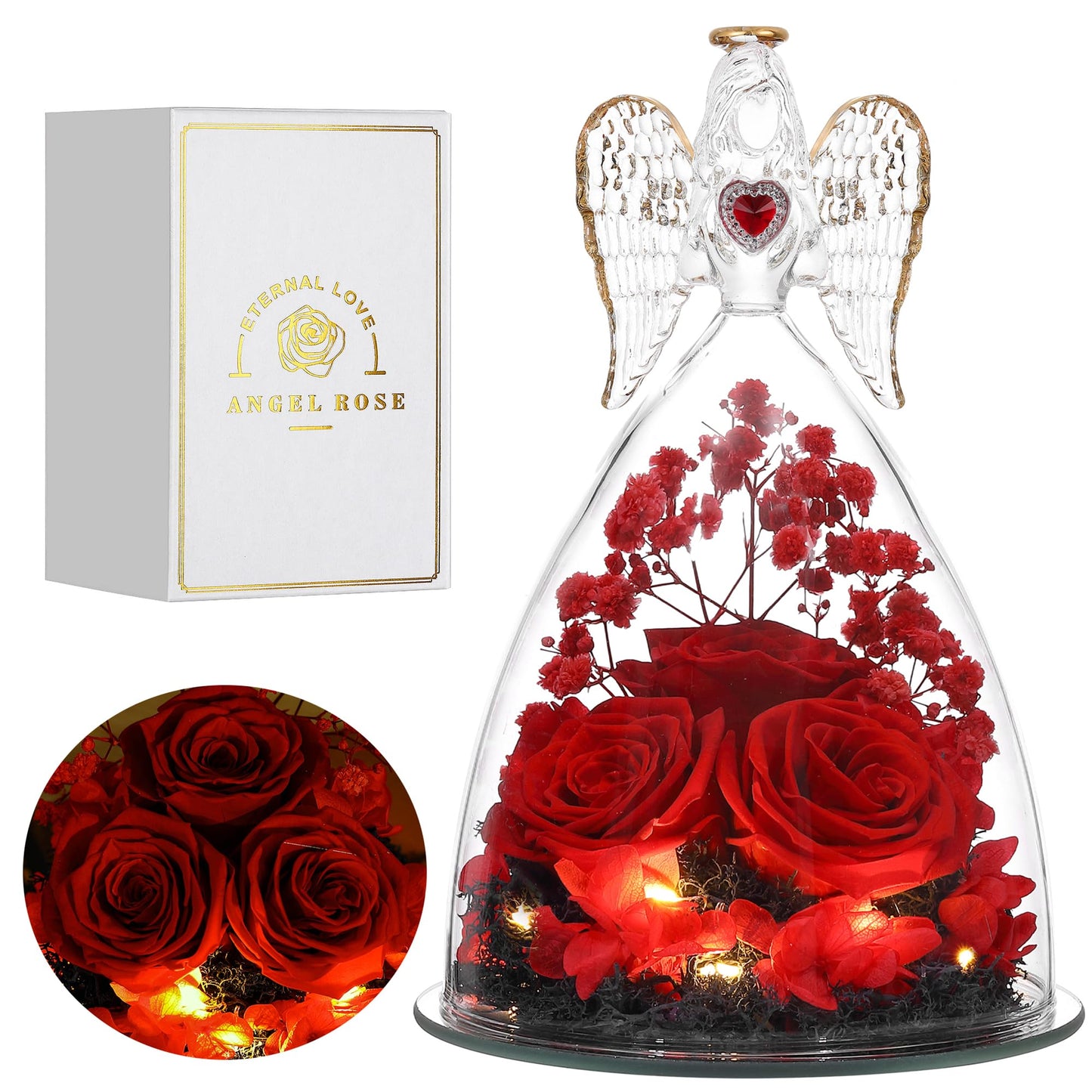 Tiaronics Mothers Day Rose Gifts for Women, Large Angel Figurines with Real Roses, Preserved Real Flower Rose for Her - Red
