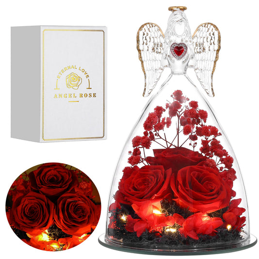 Tiaronics Mothers Day Rose Gifts for Women, Large Angel Figurines with Real Roses, Preserved Real Flower Rose for Her - Red