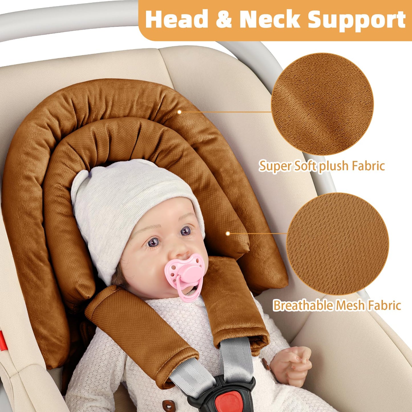 SWESEN Infant Car Seat Insert & Strap Covers, Car Seat Head Support for Baby Girls, 2 in 1 Breathable Air Mesh Car Seat Insert for Newborns, Double-Sided Reversible, for Infants Aged 0-12 (Brown)