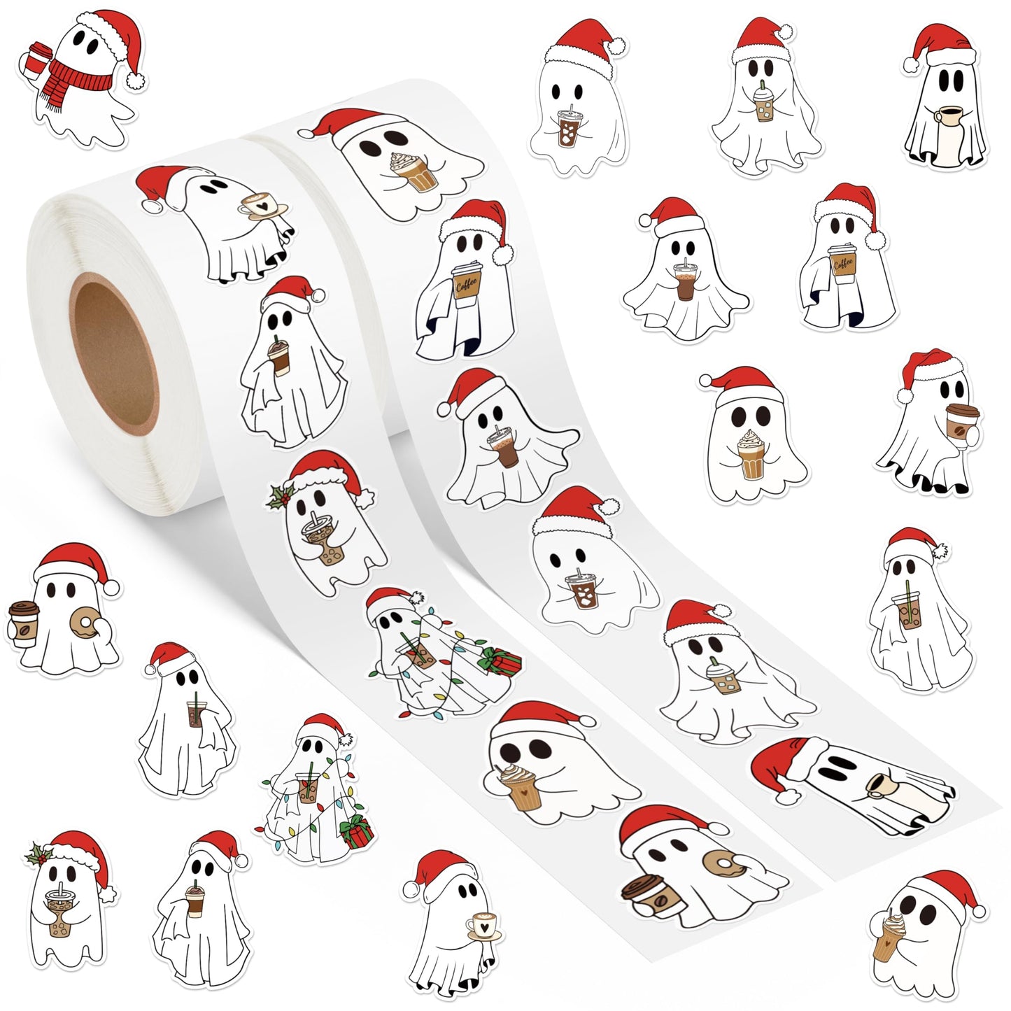 DSjuedui Christmas Ghost Coffee Roll Stickers - 1000Pcs Xmas Cartoon Boo Waterproof Stickers for Kids, Santa Hats Vinyl Decals for Laptops Guitar Bottles Party Decoration Birthday Gift Teacher Rewards