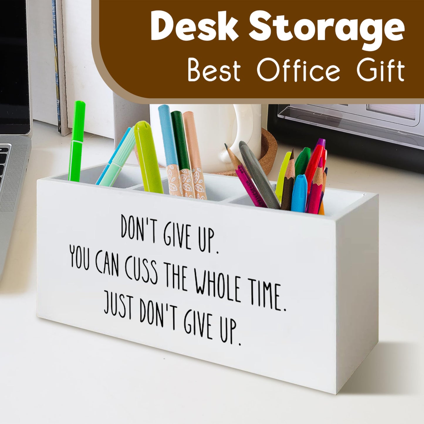 UNCDLV Funny Motivational Pen Holder for Desk, Humorous Inspirational Gifts for Coworkers Friends Women Men, Don't Give Up Funny Wooden Pen Pencil Holder Organizer for Office Desk Accessories
