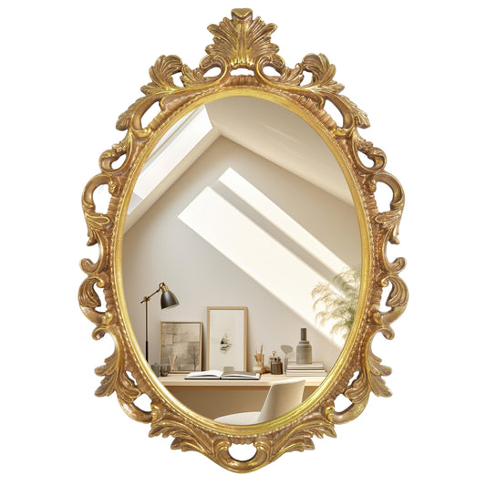 SIMON'S SHOP Vintage Oval Mirror, Antique Gold Wall Mounted Vanity Mirrors with Scroll Design for Entryways Living Dressing Room Bedroom, Gothic Decorative Framed Mirror 18 x 24 Inch