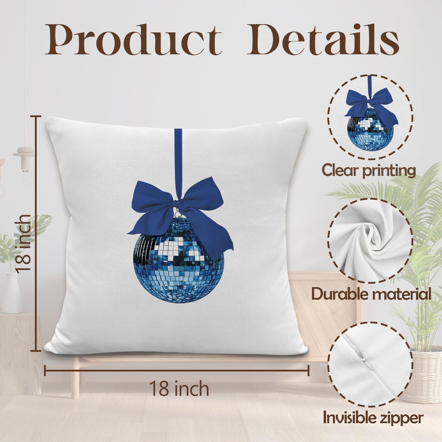 LRyeisahh Blue Trendy Preppy Throw Pillow Covers, Coquette Blue Bow Cherry Disco Ball Decorative Pillowcases Cushion Cases for Girly Room Bedroom Dorm Apartment Decor, 18x18 Pillow Covers Set of 4