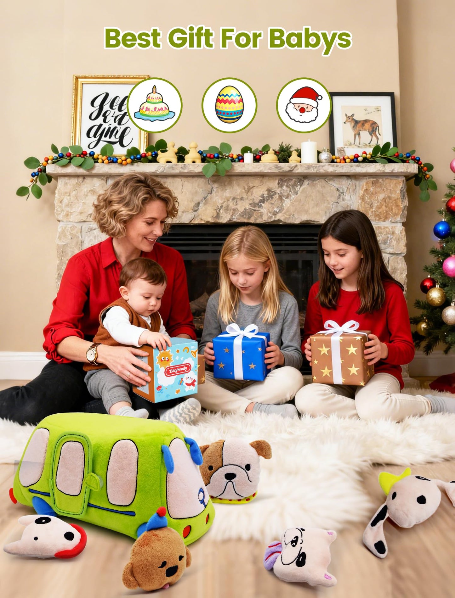 BizyKoady Baby Toys 6-12 Months - Sensory Toys Bus with Stuffed Puppies, Rattle, Crinkle Paper, Mirror & Squeaker, Montessori Toys for 6 Month Old Babies, Sensory Balls Toddlers 1-3