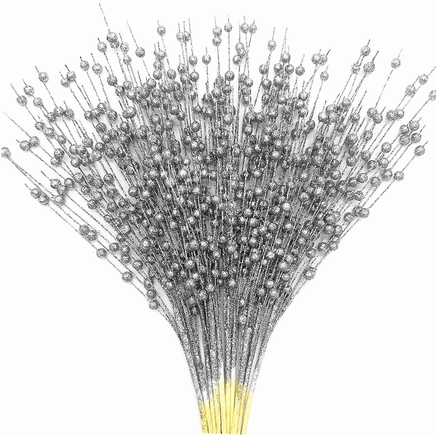 Artificial Glitter Berry Stems Silvery Decorations 17 Inch, Fake Berries Bead Sticks Pick for Halloween Christmas Ornaments Glittery Berries Xmas Tree Wreath Vase Filler Home Decor - Silver 10 Pack