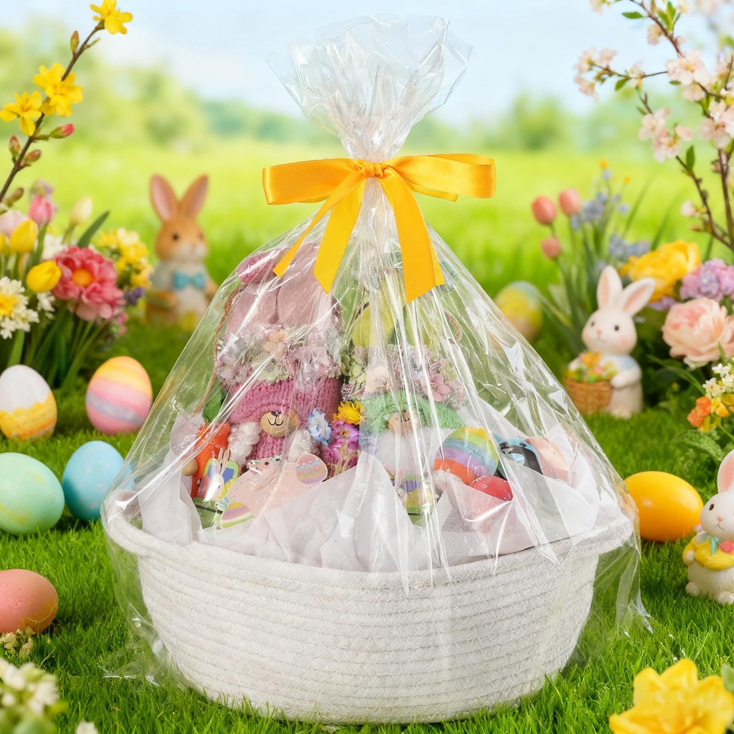 woric Woven Basket Gift Basket Storage Baskets with Handles for Wedding Gifts Empty Mothers Day Graduation Gifts Stuffers Baby Shower Toy (White 12"X 8" X 5" with Gift Bag Card Ribbon Tissue Paper)