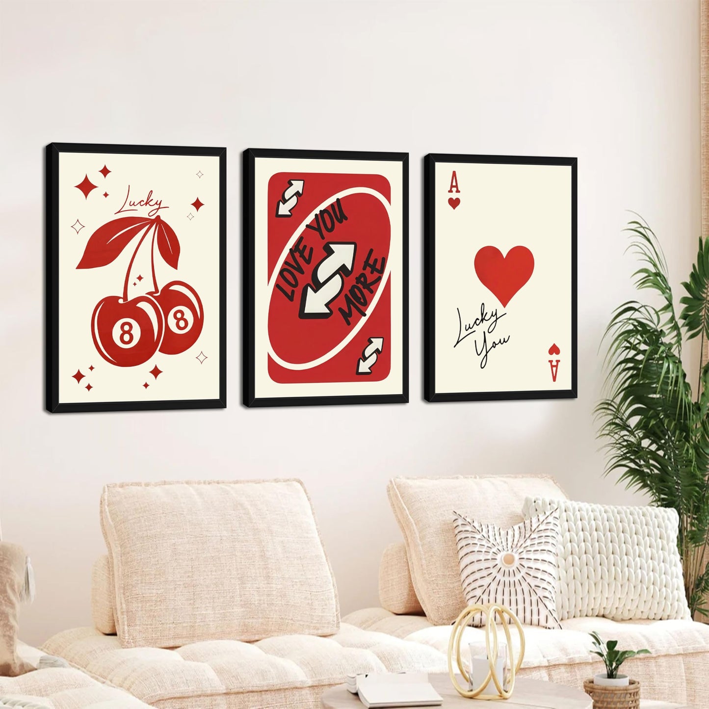 Red Heart Wall Art Set of 3, Trendy Love You More Valentine Wall Decor Paintings, Funky Y2K Ace of Hearts Canvas Prints Pictures, for Bedroom Dorm Bar Valentine Gift 12x16 Inch Wood Framed