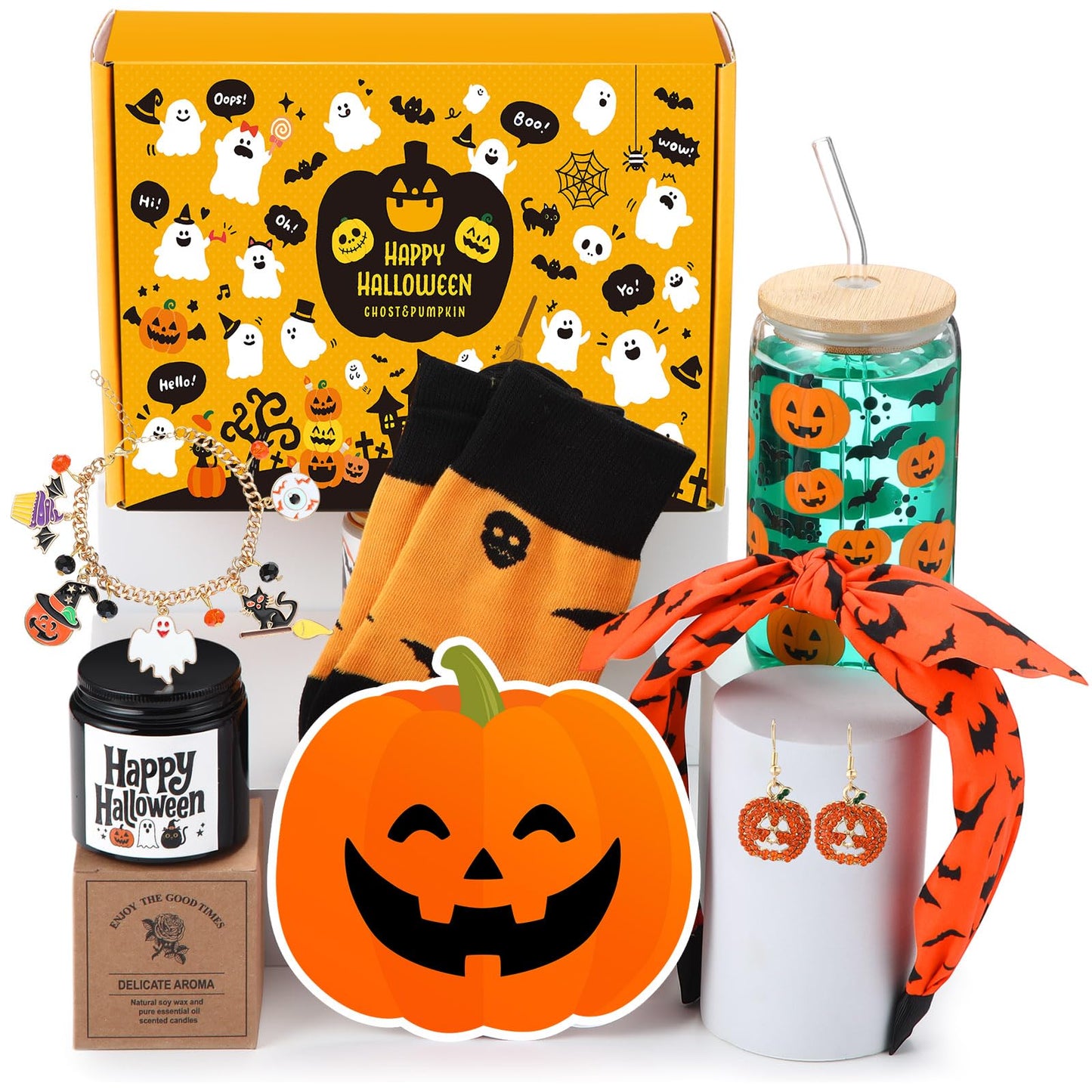 Daifunli Halloween Basket Stuffers for Women Teen Girls 8 Pcs Cute Halloween Boo Gift Set for Adult with 17oz Tumbler Glass Cups with Lids and Straws Scented Candle Spooky Socks and Self Spa Gift