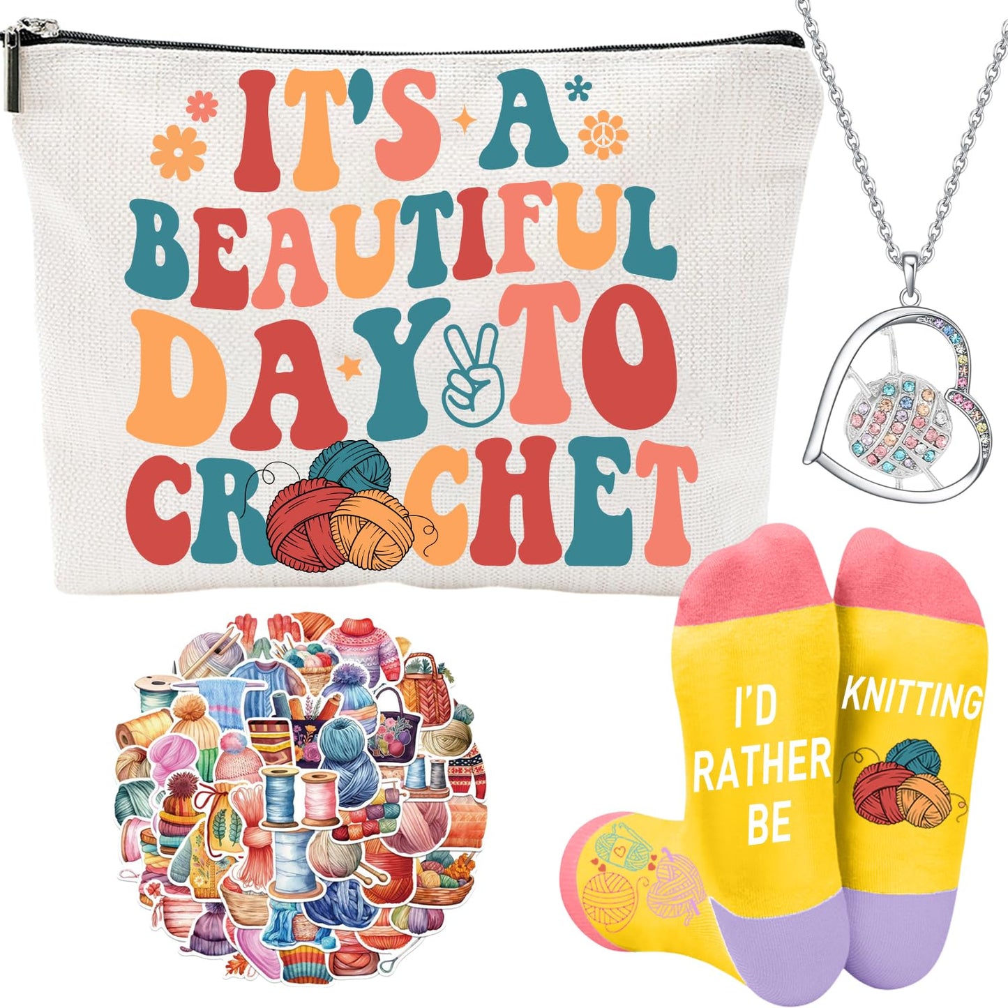 FJHAIY Crochet Accessories Crochet Gifts Set Knitting Accessories Knitting Gifts Crochet Gifts Socks Crochet Necklace Crochet Makeup Bag Crochet 50 Pcs Stickers-Crochet Lovers Gifts