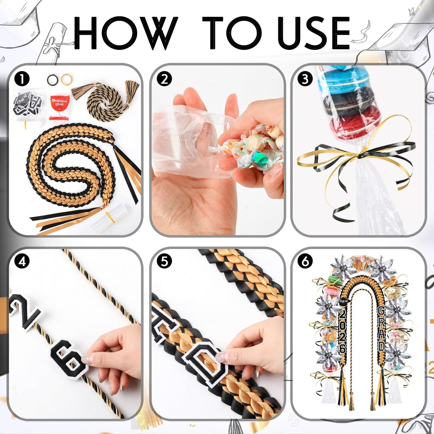 YLOLUL 16 Pcs Graduation Leis 2026 Graduation Candy Lei Kit with Honor Cord Class of 2026 Graduation Ribbon Money Lays Necklace Graduation Gift Party Accessories for Women Men