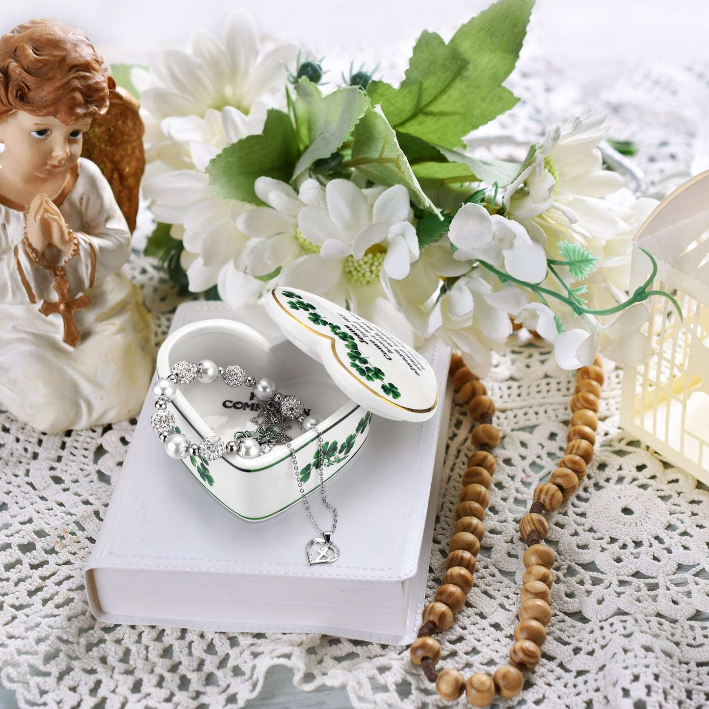 FoldTier 3 Pcs First Communion Gifts Cross Necklace First Communion Bracelet Irish Shamrock Jewelry Keepsake Box Precious Baptism Christening Gifts
