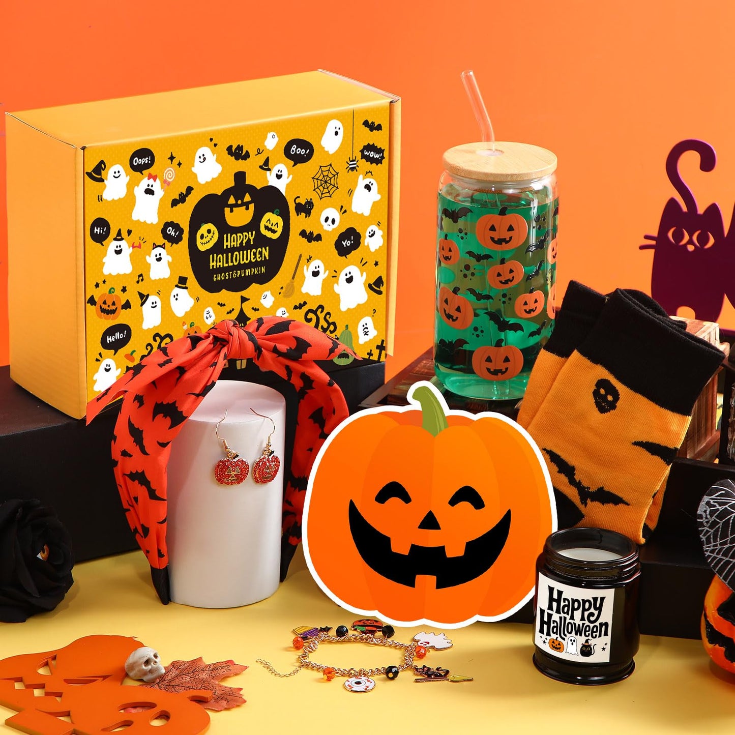 Daifunli Halloween Basket Stuffers for Women Teen Girls 8 Pcs Cute Halloween Boo Gift Set for Adult with 17oz Tumbler Glass Cups with Lids and Straws Scented Candle Spooky Socks and Self Spa Gift