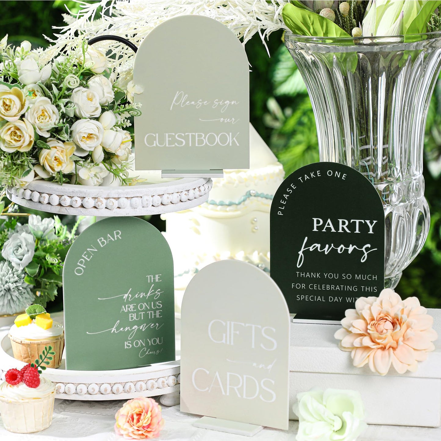 Weysat 4 Pcs Acrylic Wedding Signs for Ceremony and Reception, 5x7 Inch Sage Green Wedding Signage Decor with Stand, Guest Book, Cards and Gifts, Open Bar, Favor Signs for Marriage Memorial Ceremony