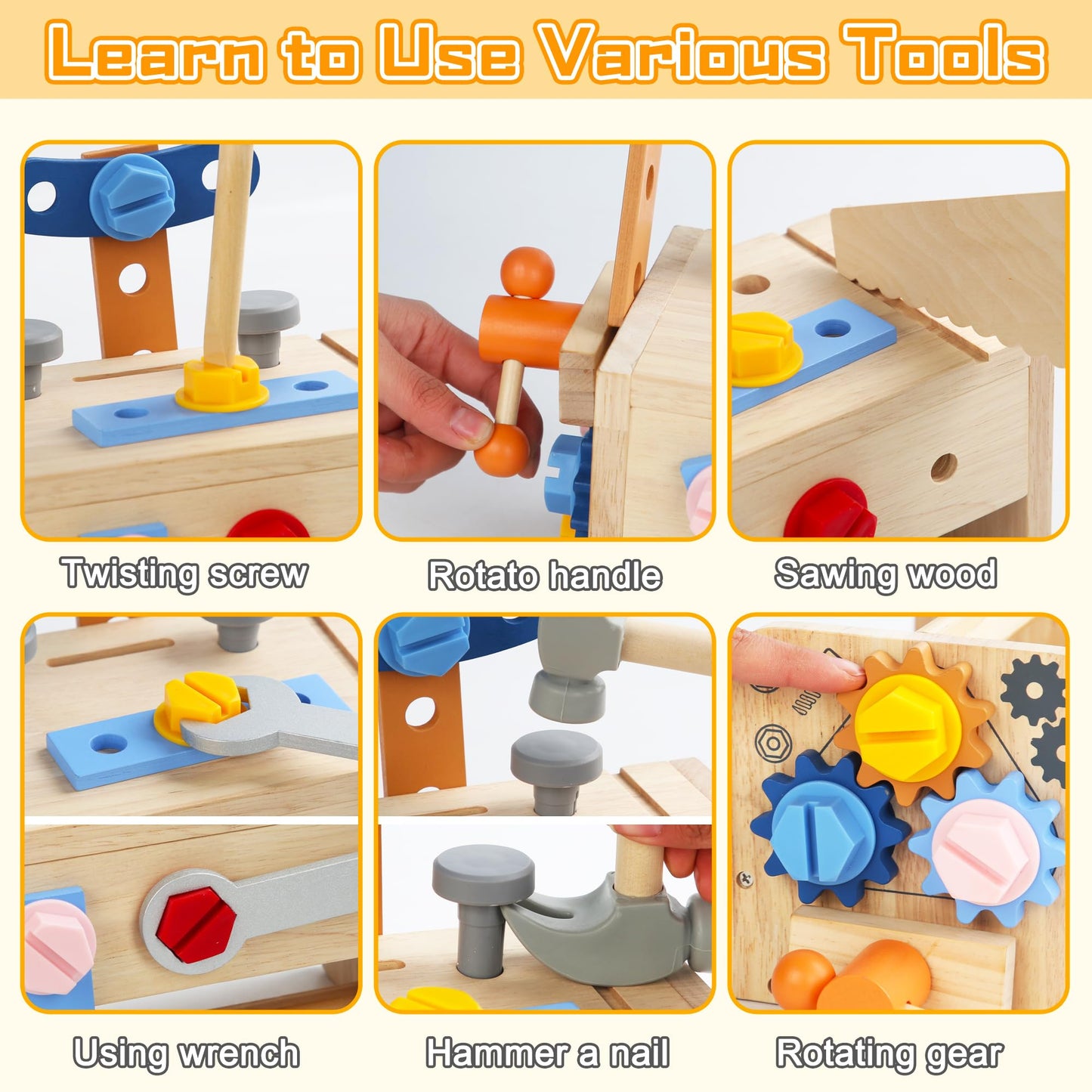Totatatree Wooden Kids Tool Set, 38PCS Educational STEM Construction Toys for 3+ Toddler, Wooden Tool Bench Montessori Toy Tool Box for 3 4 5 YO Boys & Girls Birthday Gift (36Pcs)