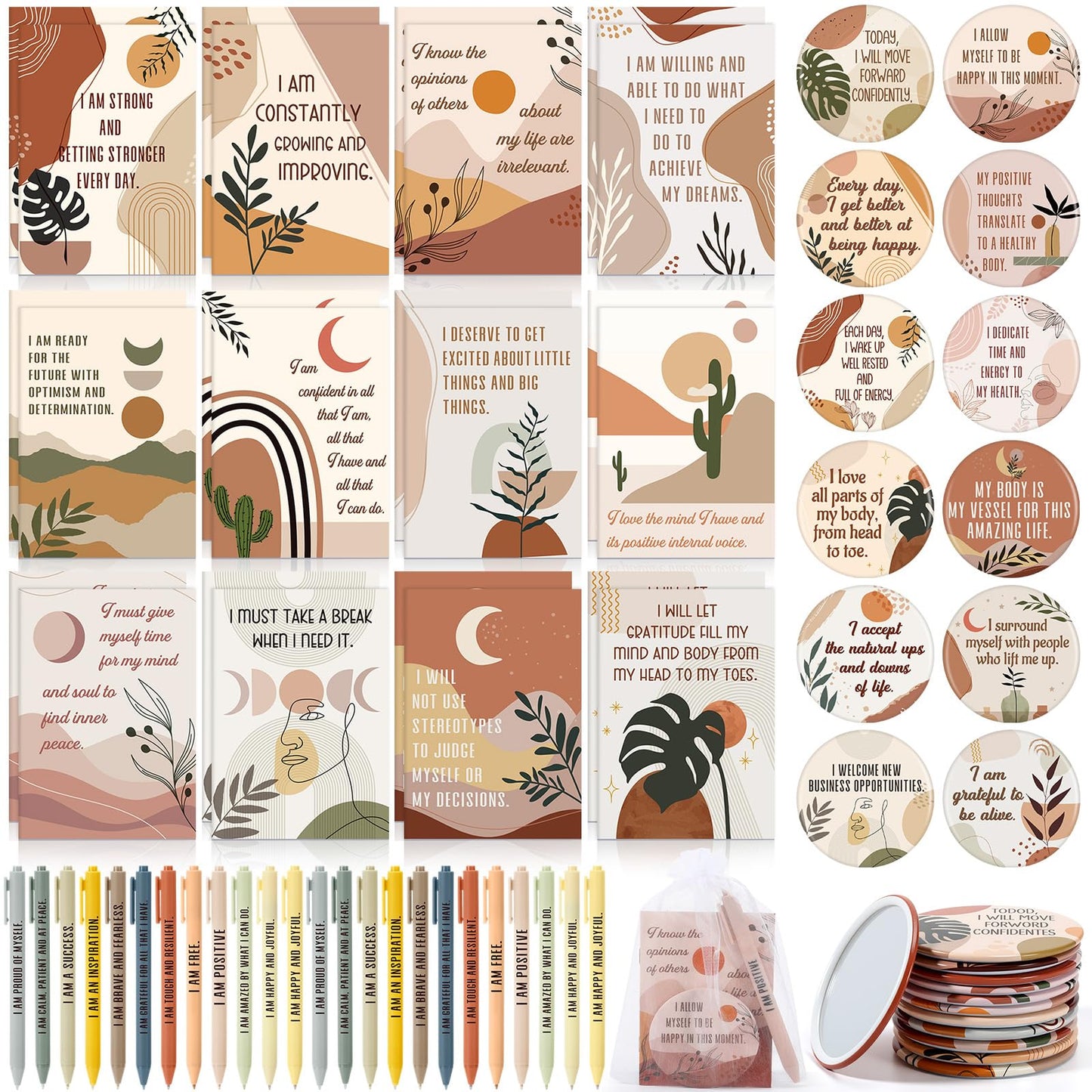 Mooliwe 72 Pcs/24 Set Positive Affirmation Gift Set for Women Gratitude Notebooks with Ballpoint Pens Mini Mirrors Small Bags Motivational Encouragement Notepad for Women Coworkers Adult Party Favor