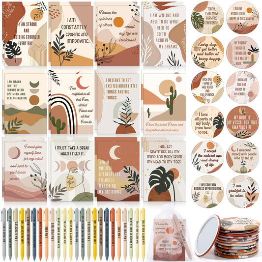 Mooliwe 72 Pcs/24 Set Positive Affirmation Gift Set for Women Gratitude Notebooks with Ballpoint Pens Mini Mirrors Small Bags Motivational Encouragement Notepad for Women Coworkers Adult Party Favor