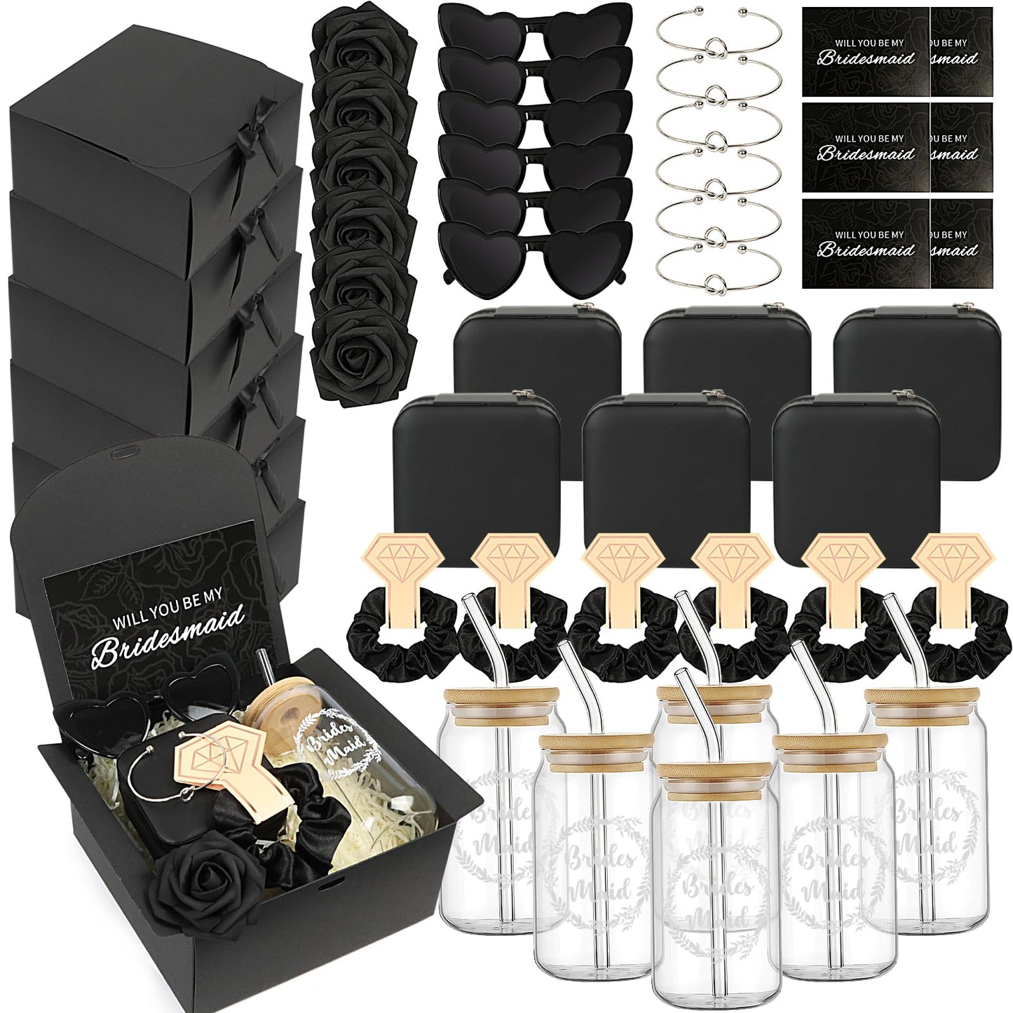HOMENERGY Bridesmaid Proposal Gifts Set 6 - "Will You Be My Bridesmaid Kit with Elegant Box Jewelry Box Glass Cup Invited Cards Knotted Bracelets Sunglasses Scrunchies Raffia Grass (Black, 54 Pcs