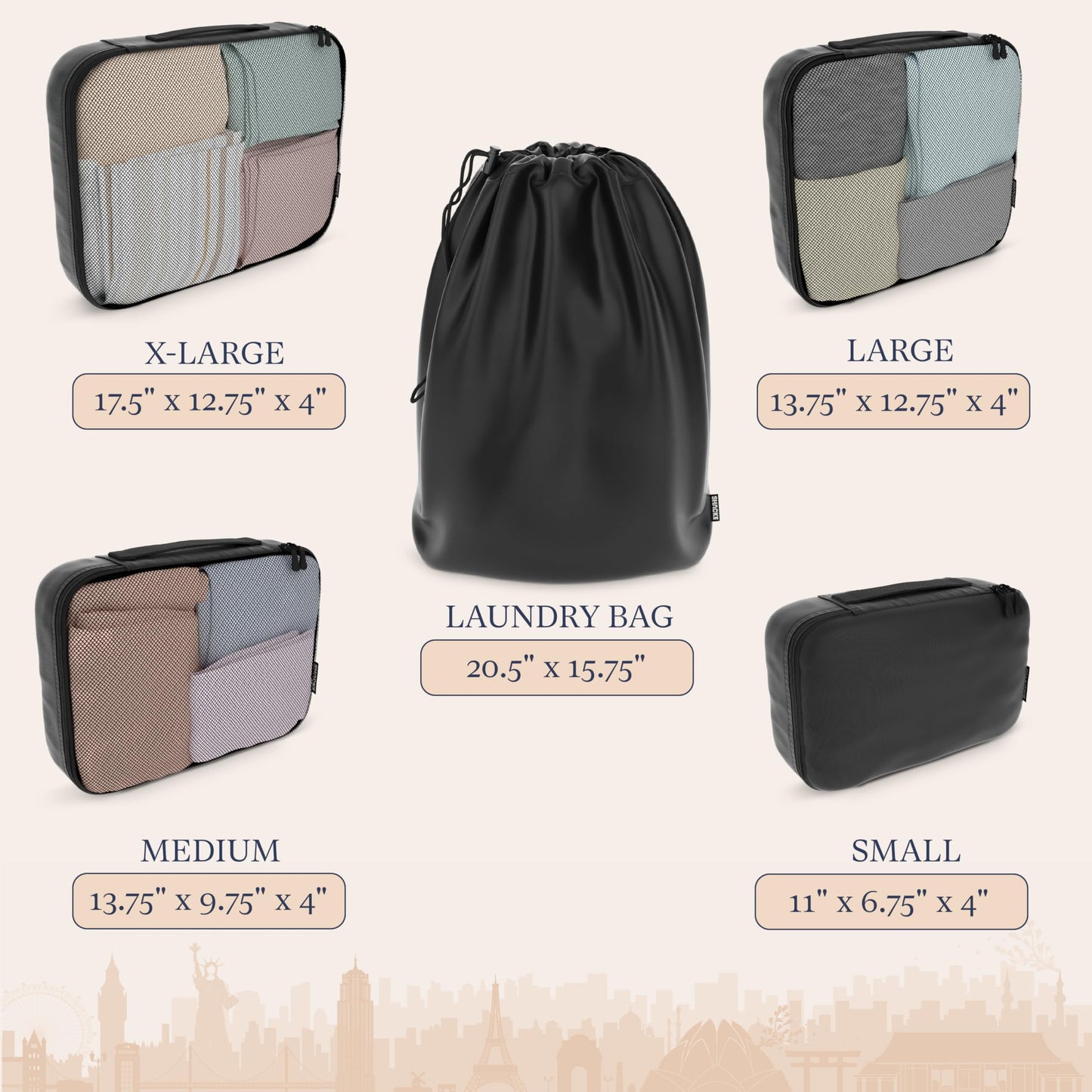 Shacke Packing Cubes for Travel 5 Set - Premium Luggage Organizer Bags - Versatile Travel Organizer for Women and Men - Optimized Packing Bags - Travel Essentials (Air Black)