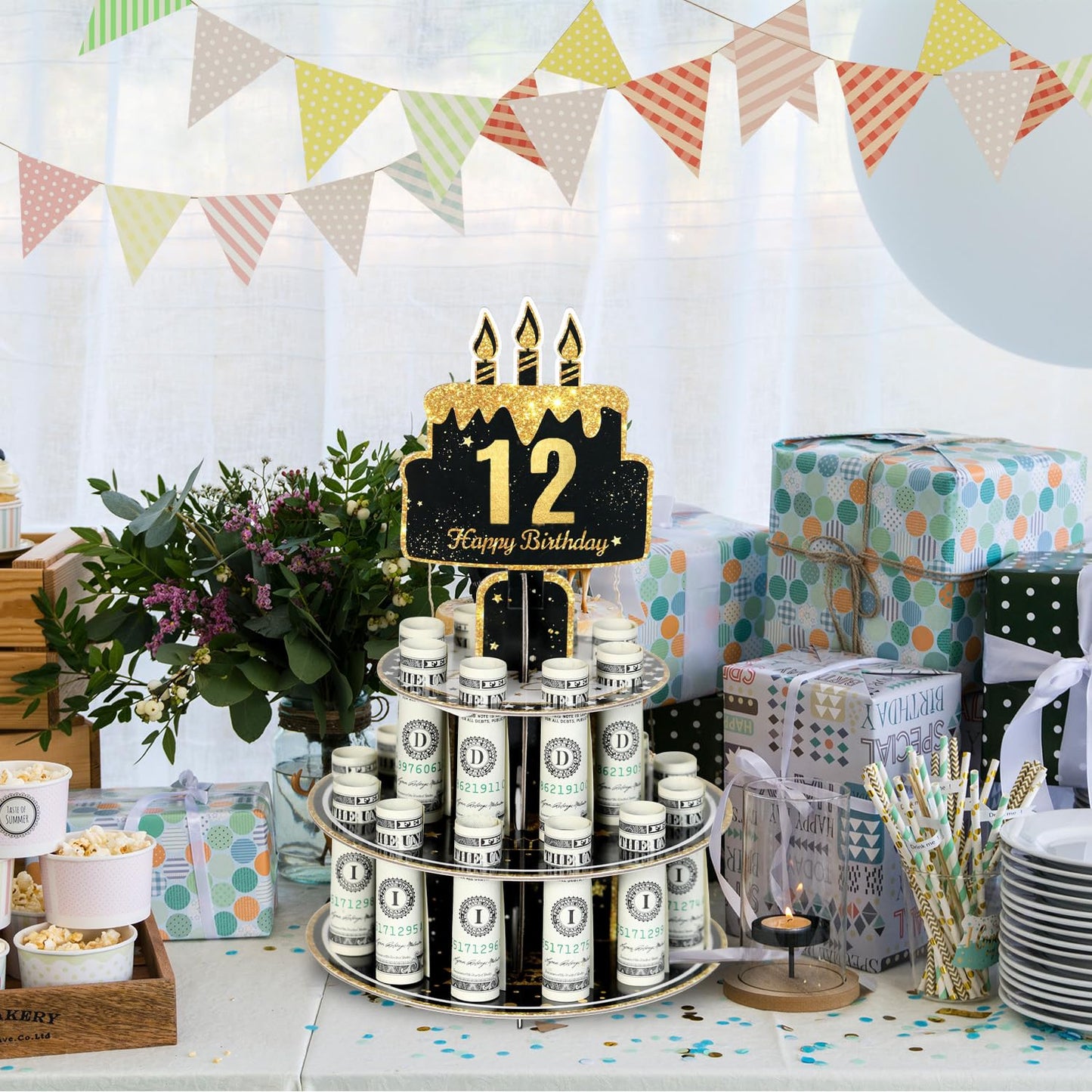 Crafterlife Birthday Cash Cake for Birthday Gifts, Money Holder Stand Ideas for Give Cash Gift, Surprise Personalized Money Box with 0-9stickers Variable Age for Her Him Birthdays Party Decorations