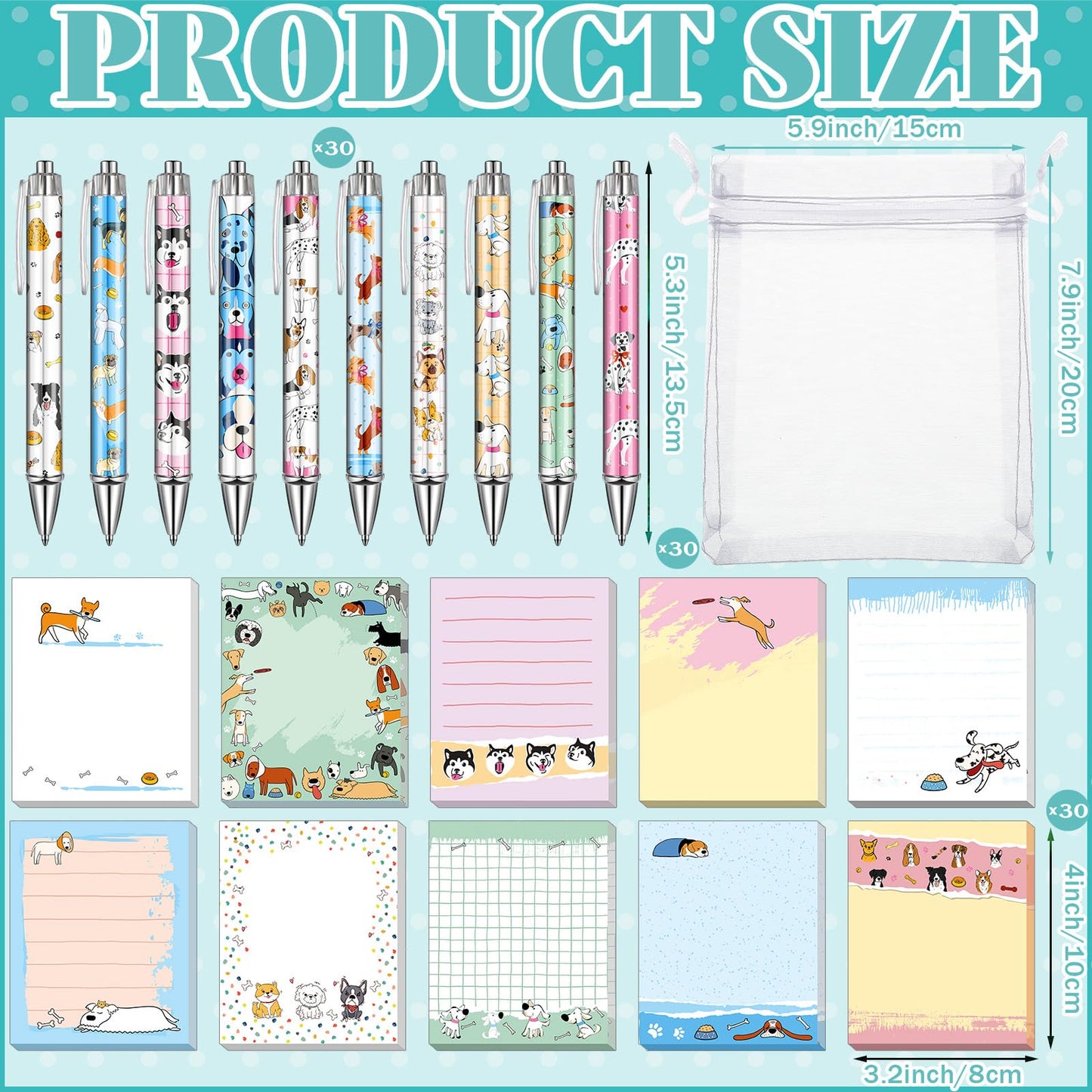 Moinchore 90 Pcs Employee Appreciation Gifts Set 30 Pcs Inspirational Sticky Notes 30 Motivational Ballpoint Pens 30 Mesh Bags Thank You Christian Gifts for Nurse Teacher Coworker(Dog)