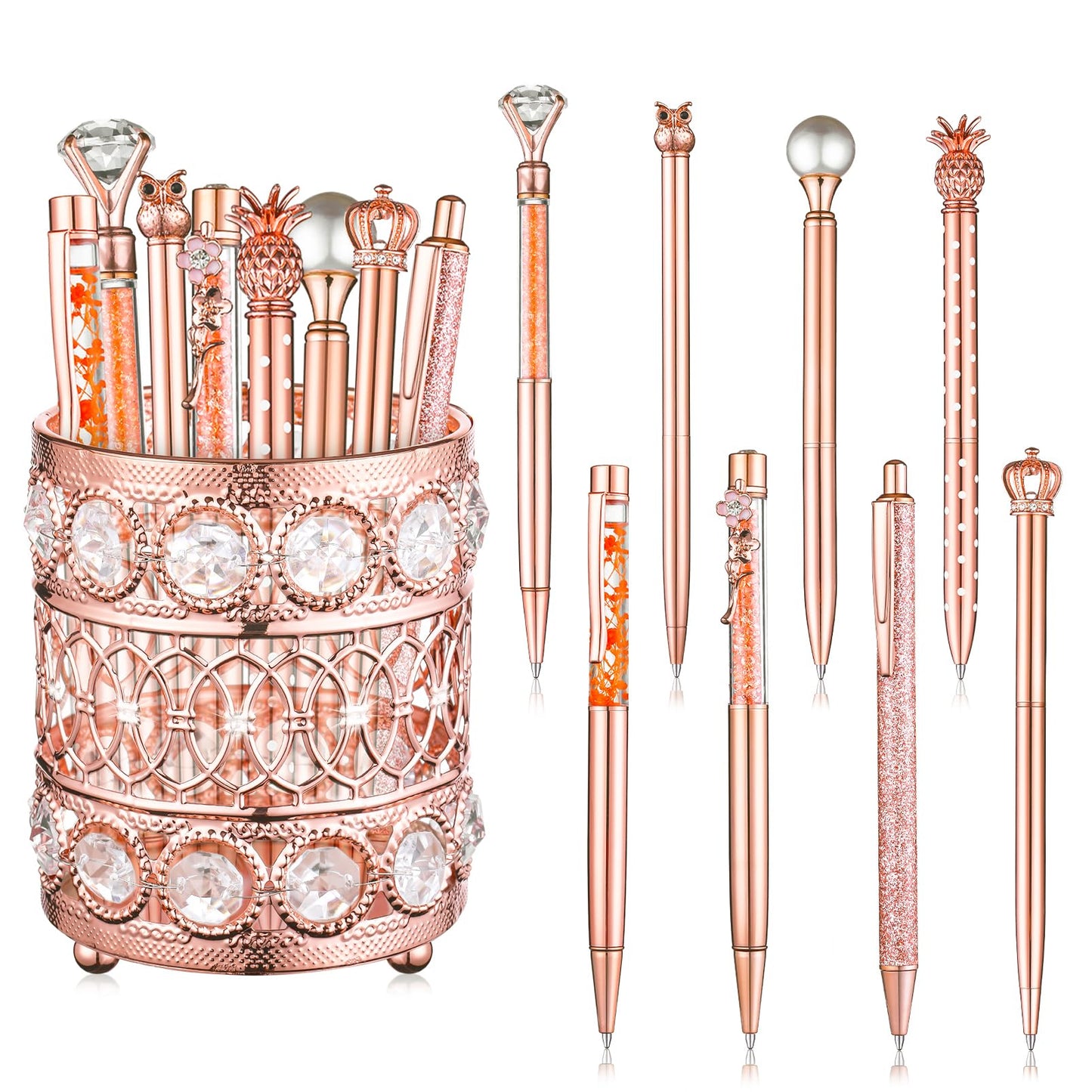 8 Pcs Rose Gold Ballpoint Pens Set, Handmade Crystal Pen Holder for Desk Black Ink Fancy Pens Liquid Sand Glitter Pens Bling Diamond Pens Gifts for Women Girls School Wedding Office Desk Supplies