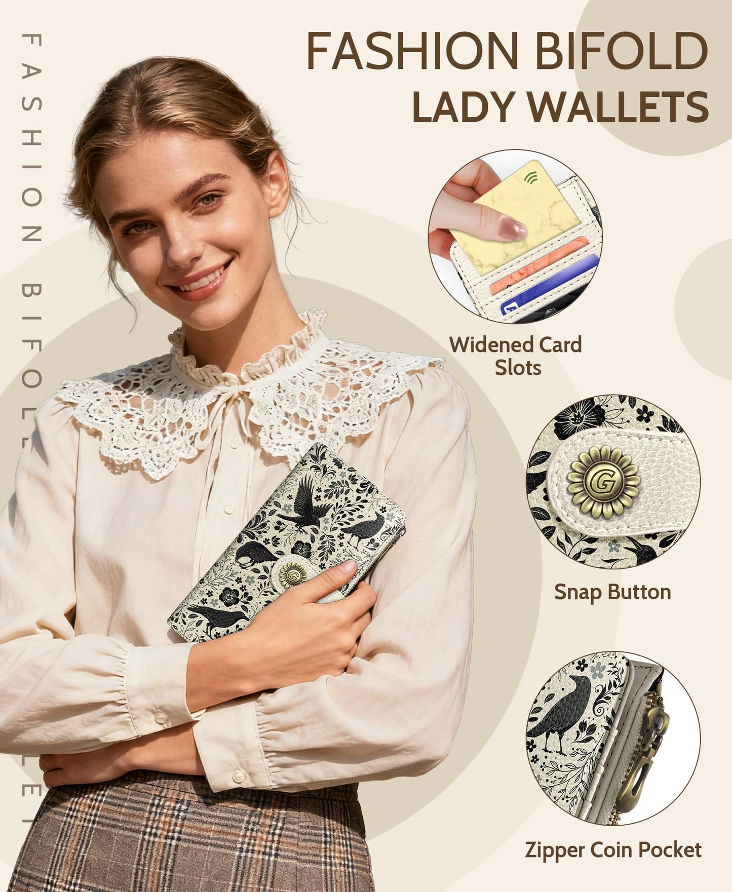 GIANCOMICS Crow Womens Wallet RFID Blocking, Flower Credit Card Holder Bifold, PU Leather Travel Billfold, Long Cute Cash Purse, Zipper Coin Pocket Clutch, ID Window, 11 Card Slot, Ladies Gift Woman