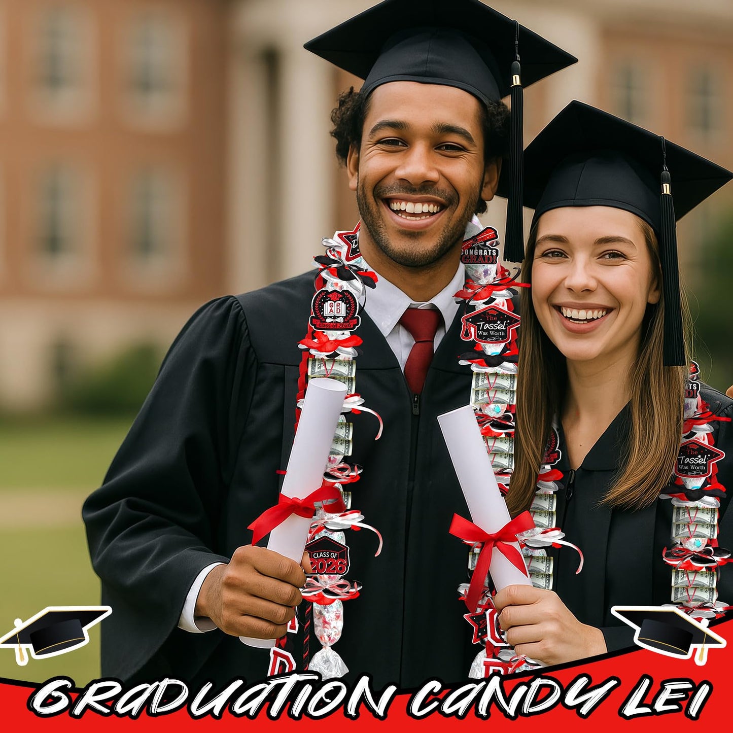 Graduation Candy Lei Making Kit Class of 2026 DIY Lei PE Bags Tubing Money Leis 2026 Graduation Ribbon Necklace Include 2 x 5 ft PE Bags 90 Pcs Flower Accessories for Grad Party Supplies (Black, Red)