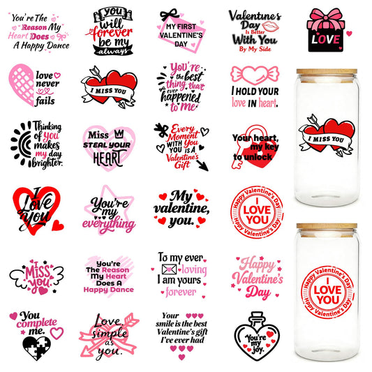 PRESSINART 25Pcs 25 Styles Valentines Vinyl Stickers for Jars Love Words Pattern PVC Self Adhesive Waterproof Holiday Cup Sticker Set for Scrapbooking Card Making Gift Glass Water Bottle Decoration