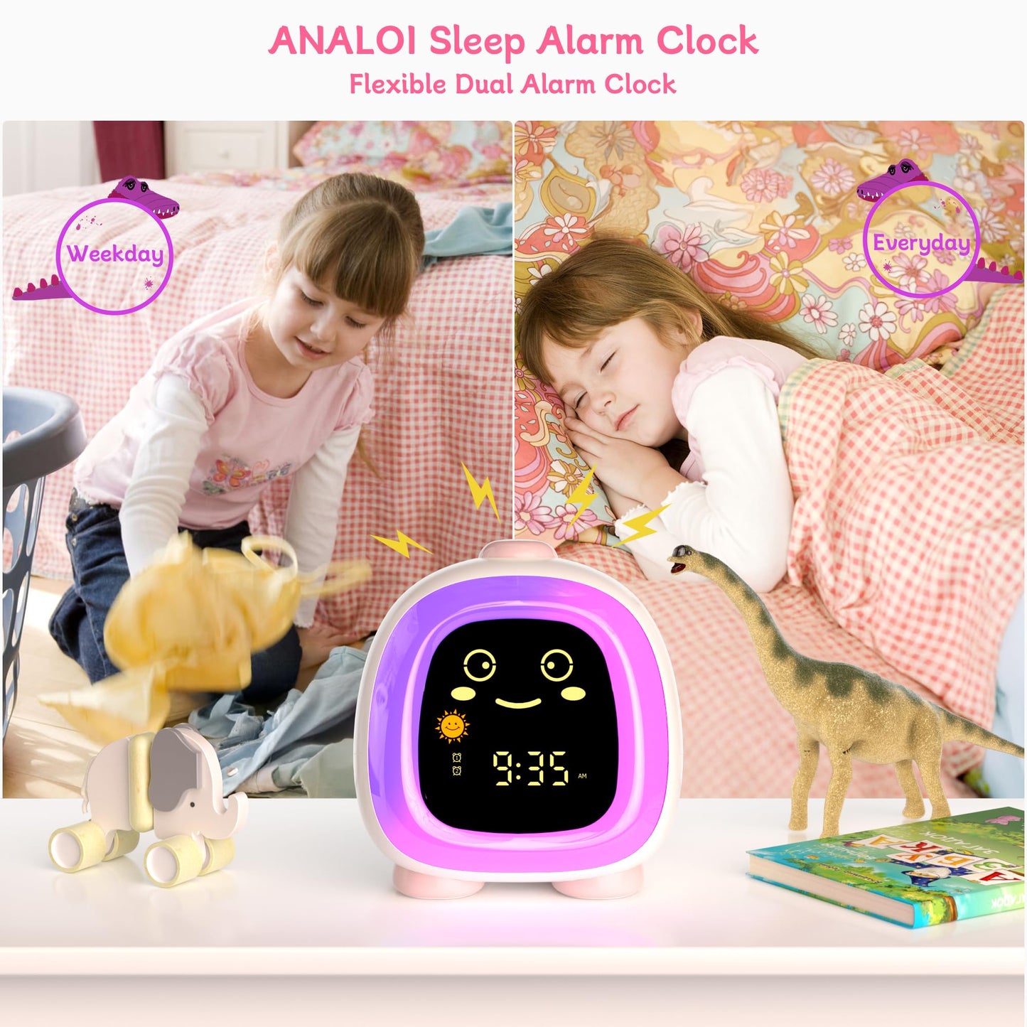ANALOI Alarm Clock for Kids, Kids Alarm Clock Ok to Wake Cute Night Light for Bedroom, Toddlers Sleep Training Clock Stay in Bed, Dinosaur Birthday Gift for Kids Boys Girls